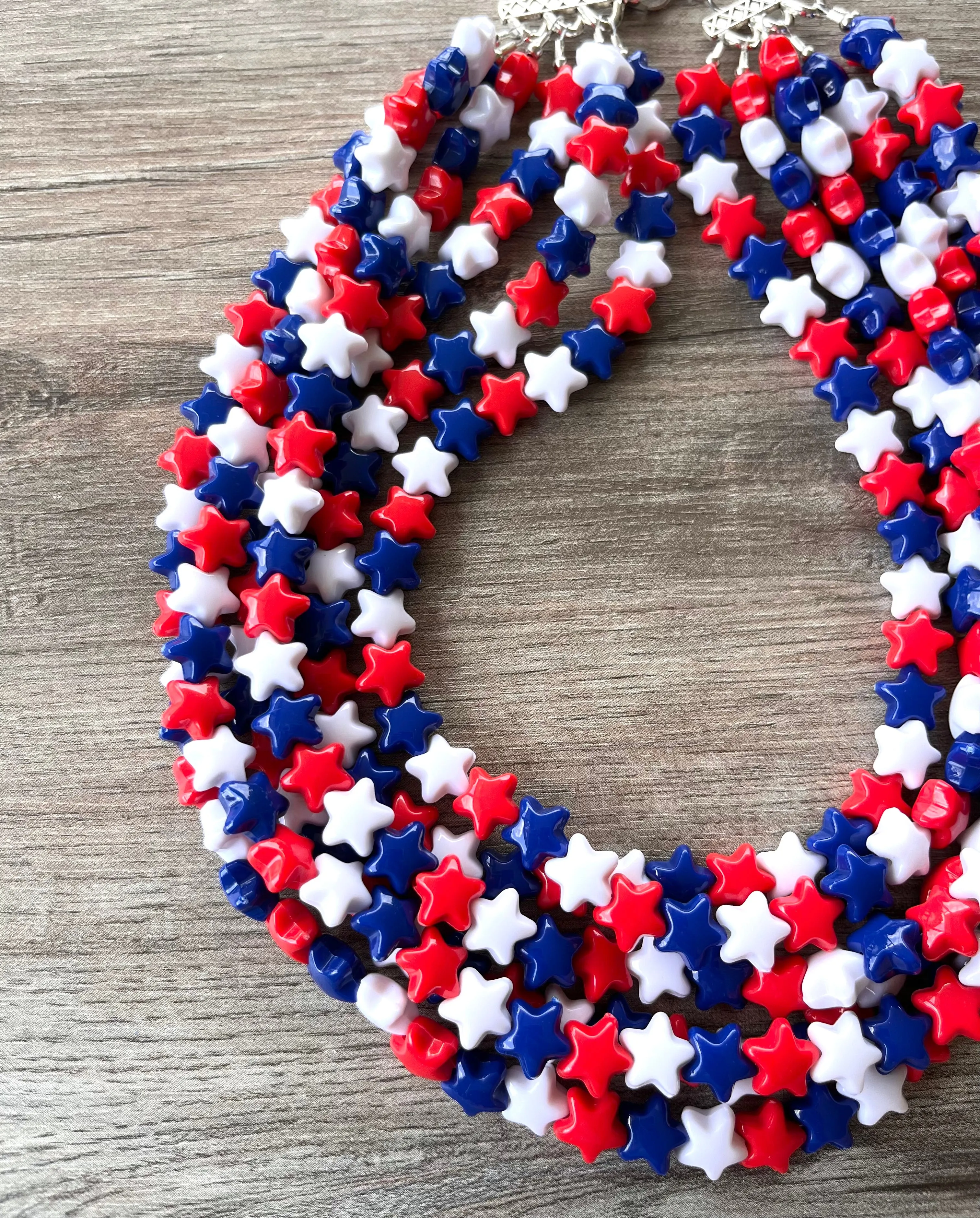 Red White Blue Star Patriotic Lucite Acrylic Beaded Chunky Multi Strand Statement Necklace