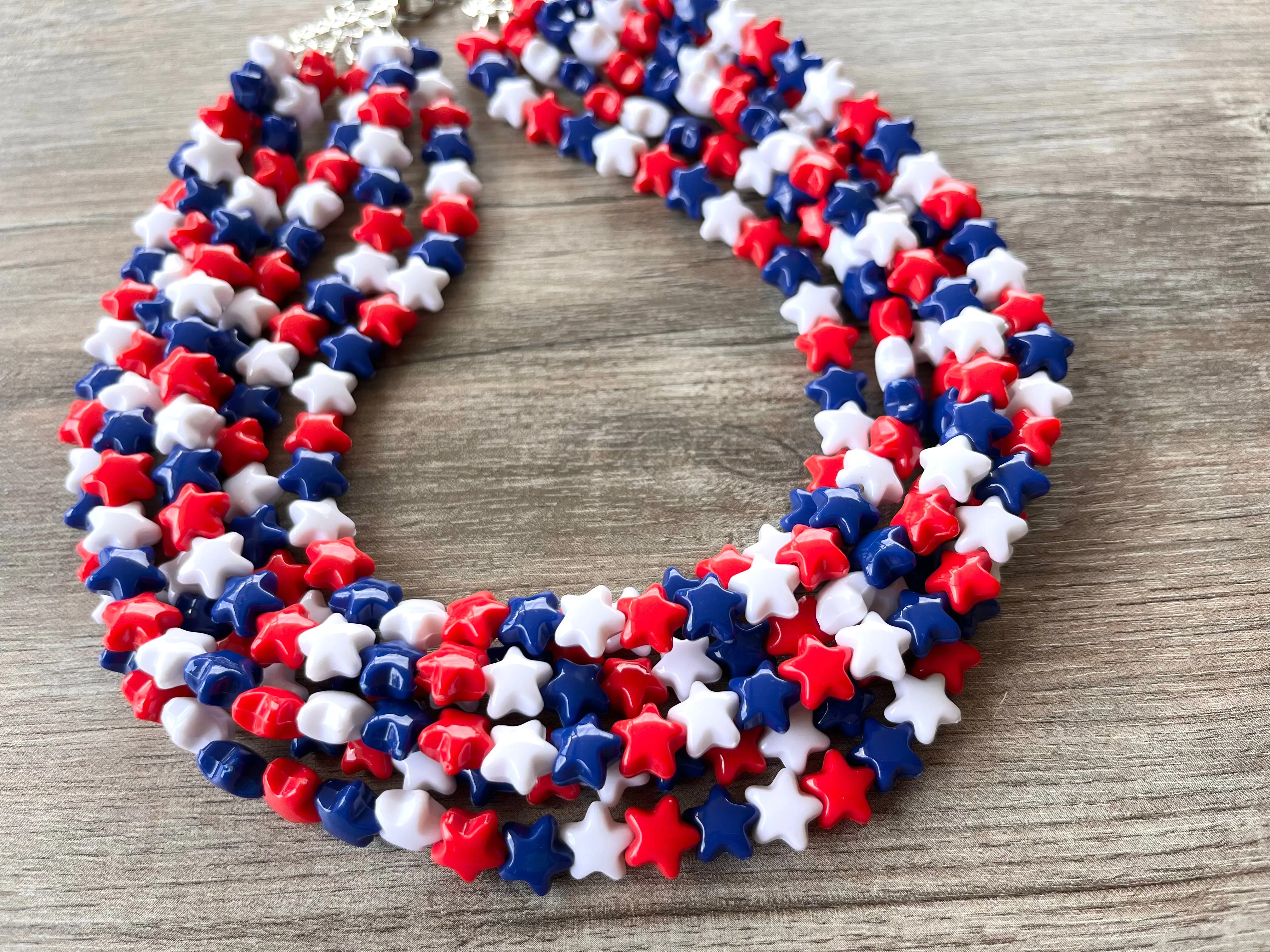 Red White Blue Star Patriotic Lucite Acrylic Beaded Chunky Multi Strand Statement Necklace