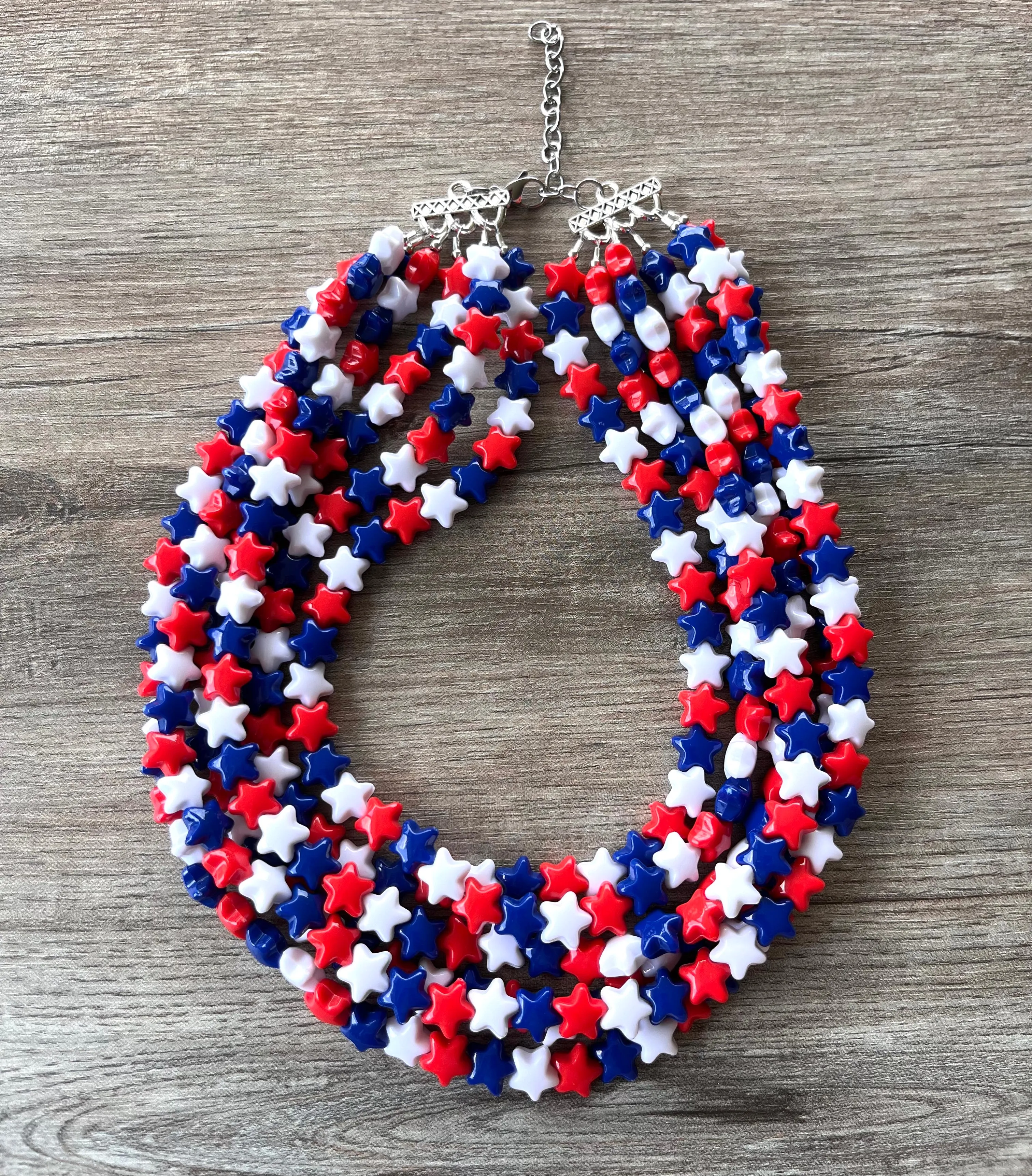 Red White Blue Star Patriotic Lucite Acrylic Beaded Chunky Multi Strand Statement Necklace