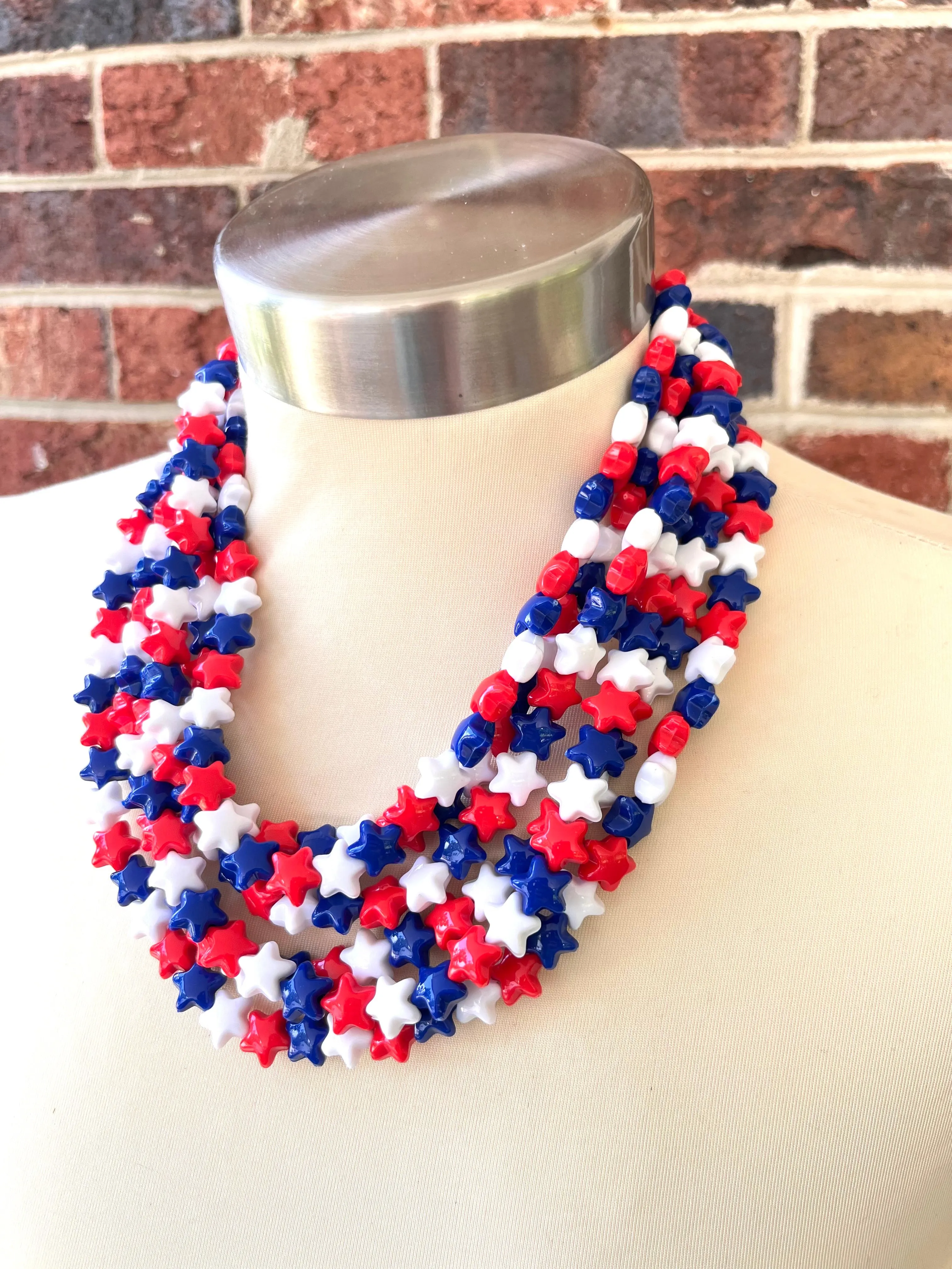 Red White Blue Star Patriotic Lucite Acrylic Beaded Chunky Multi Strand Statement Necklace