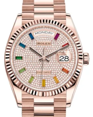 Rolex Everose Gold Day Date 36 Watch Fluted Bezel Diamond Paved Rainbow Sapphire Dial(Ref# 128235)