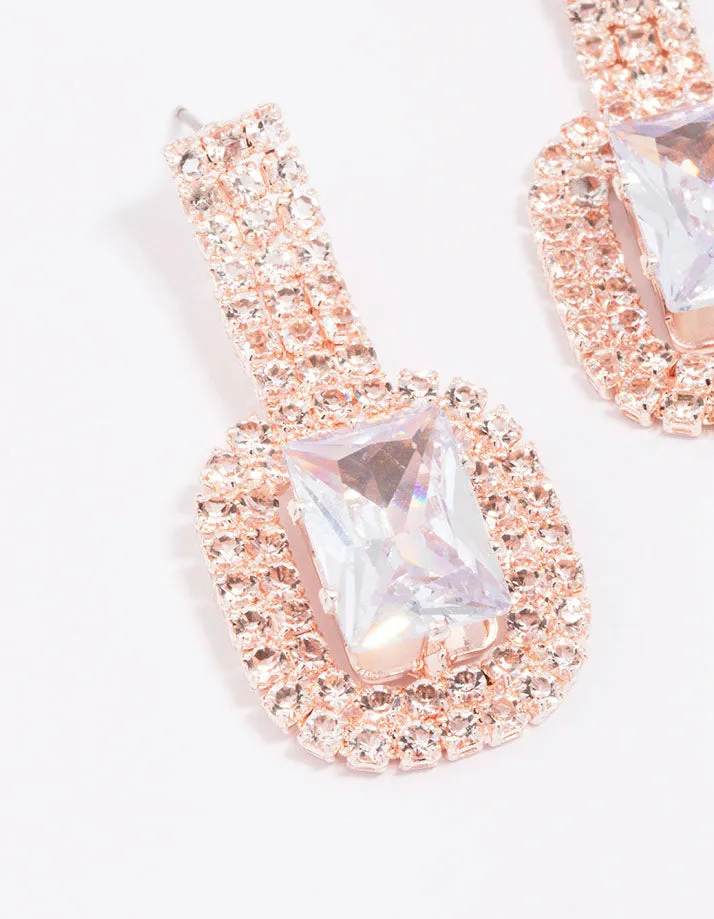 Rose Gold Emerald-Cut Diamante Drop Earrings