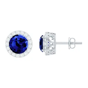 Round Created Blue Sapphire Halo Silver Stud Earrings with Moissanite