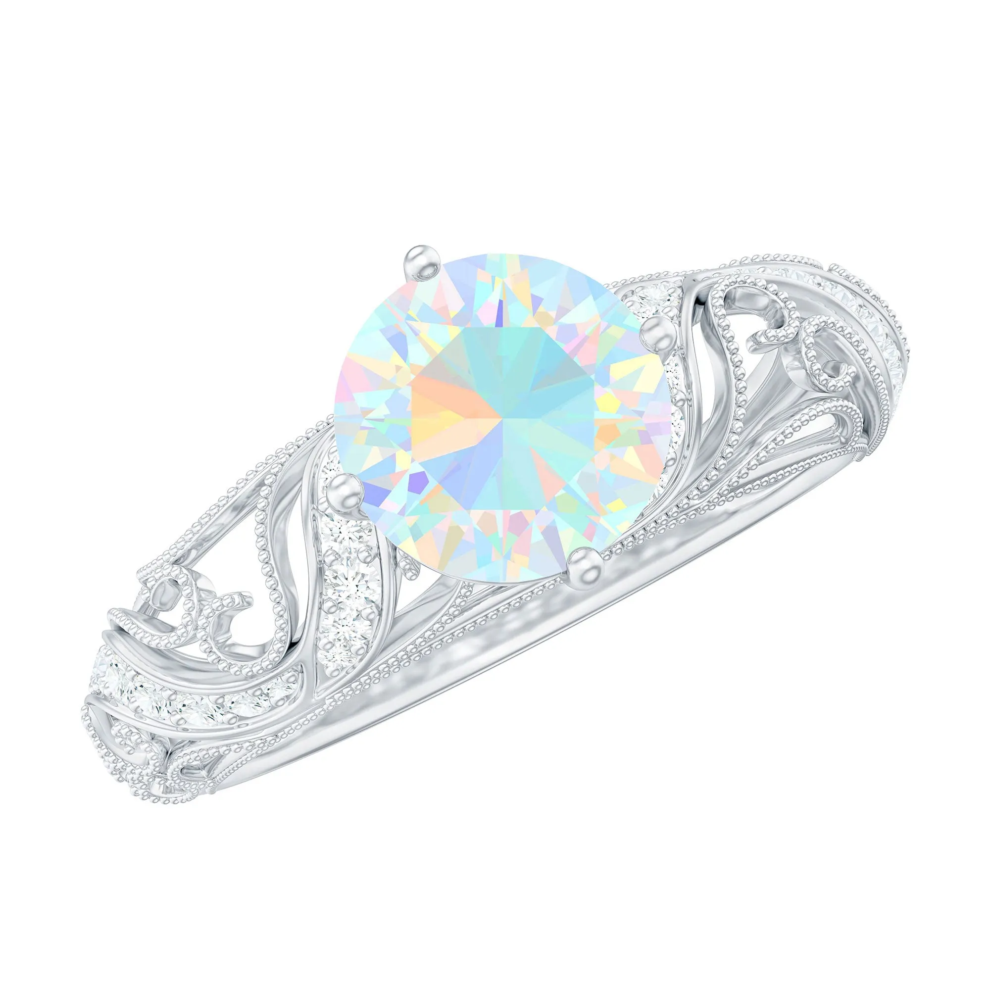 Round Ethiopian Opal Vintage Inspired Engagement Ring with Diamond