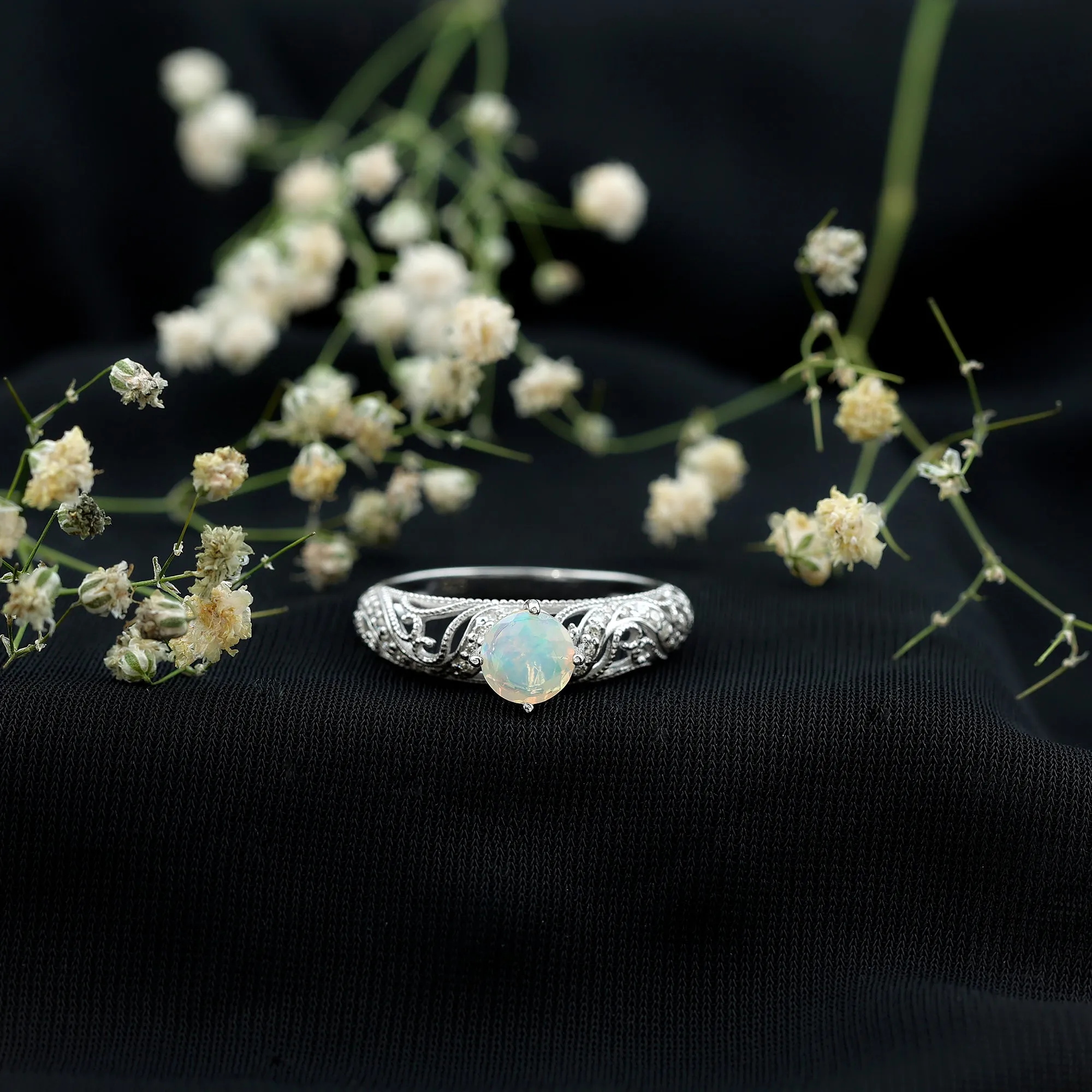 Round Ethiopian Opal Vintage Inspired Engagement Ring with Diamond