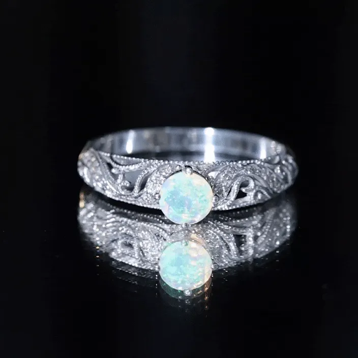 Round Ethiopian Opal Vintage Inspired Engagement Ring with Diamond