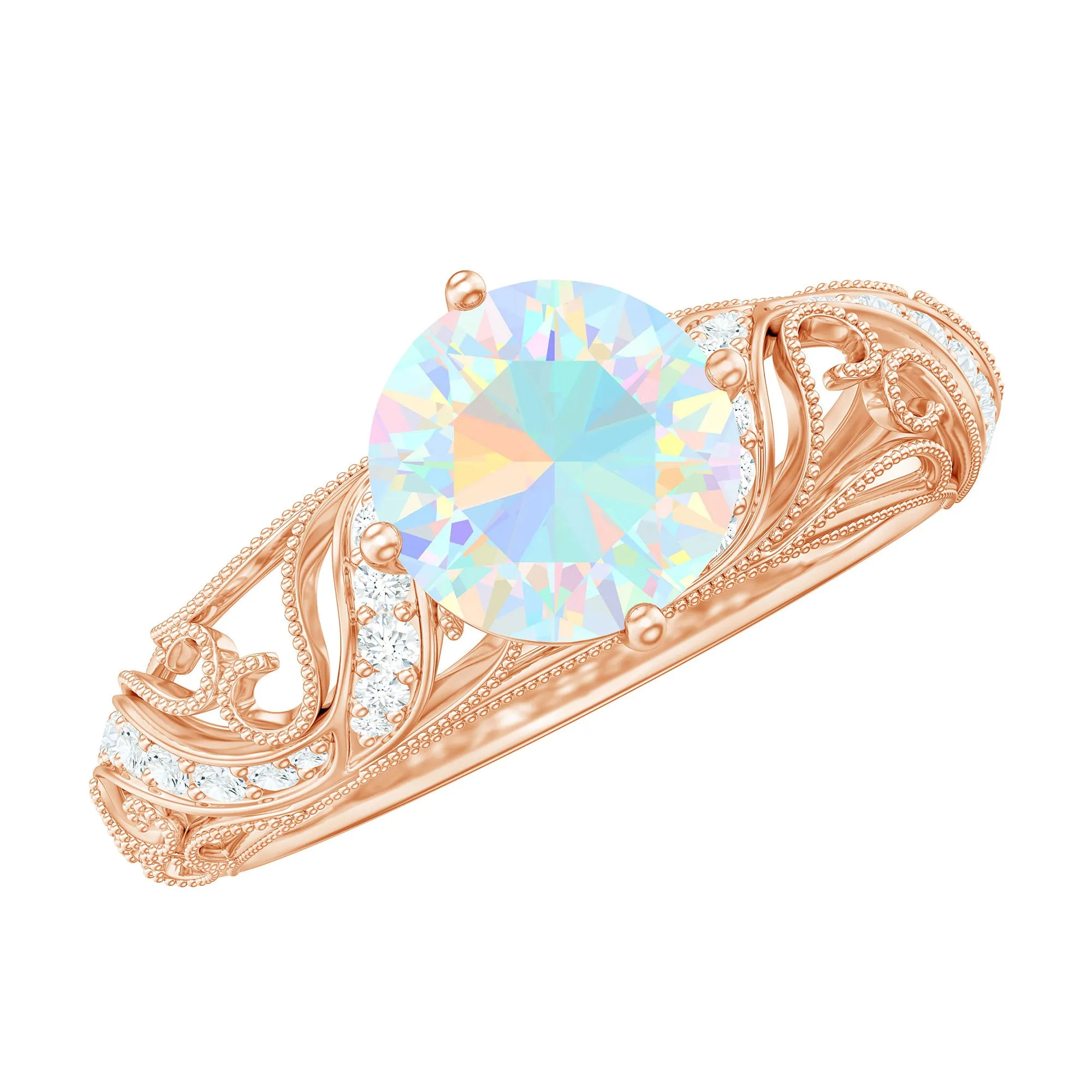 Round Ethiopian Opal Vintage Inspired Engagement Ring with Diamond