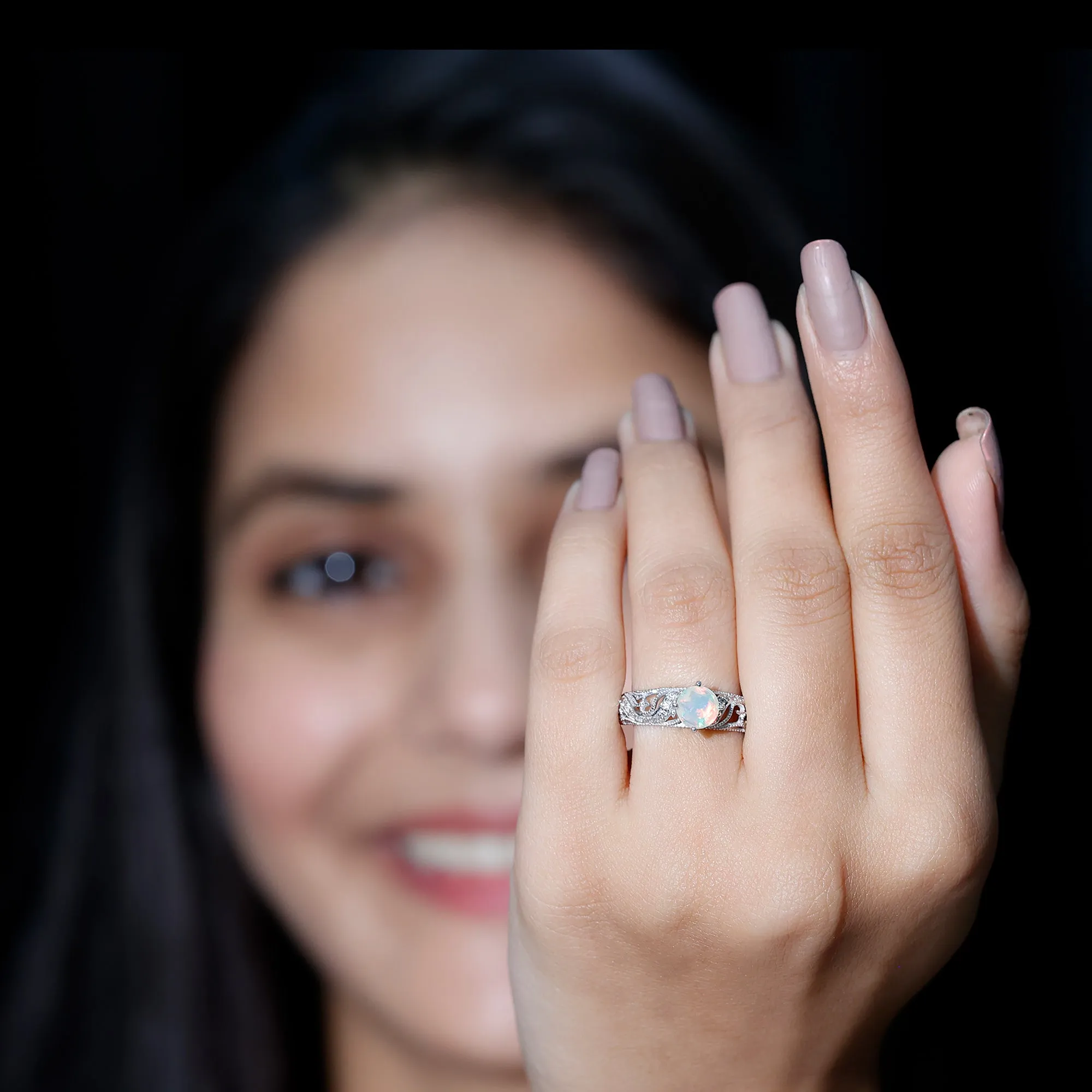 Round Ethiopian Opal Vintage Inspired Engagement Ring with Diamond