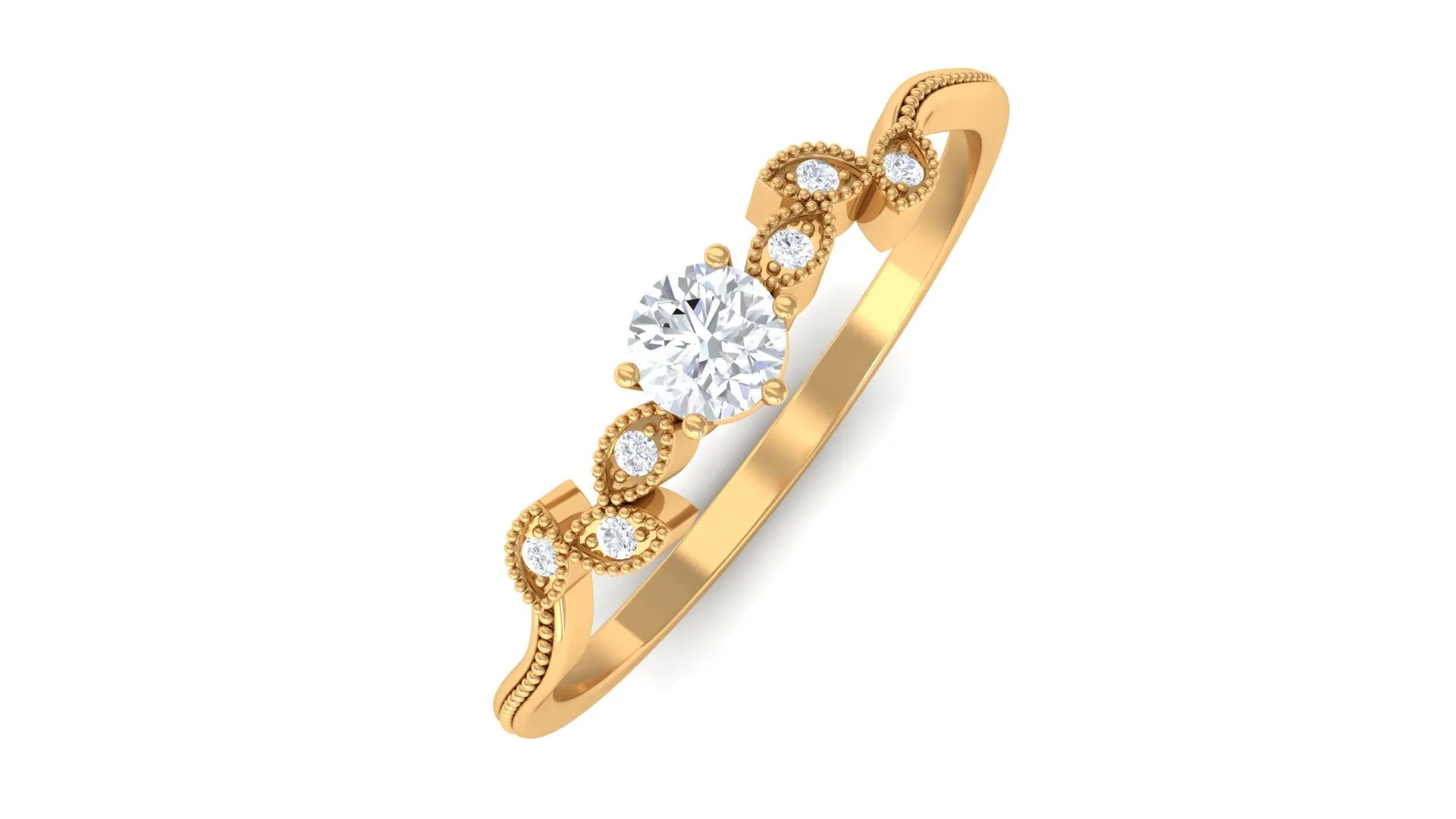 Round Natural Diamond Leaf Branch Gold Ring