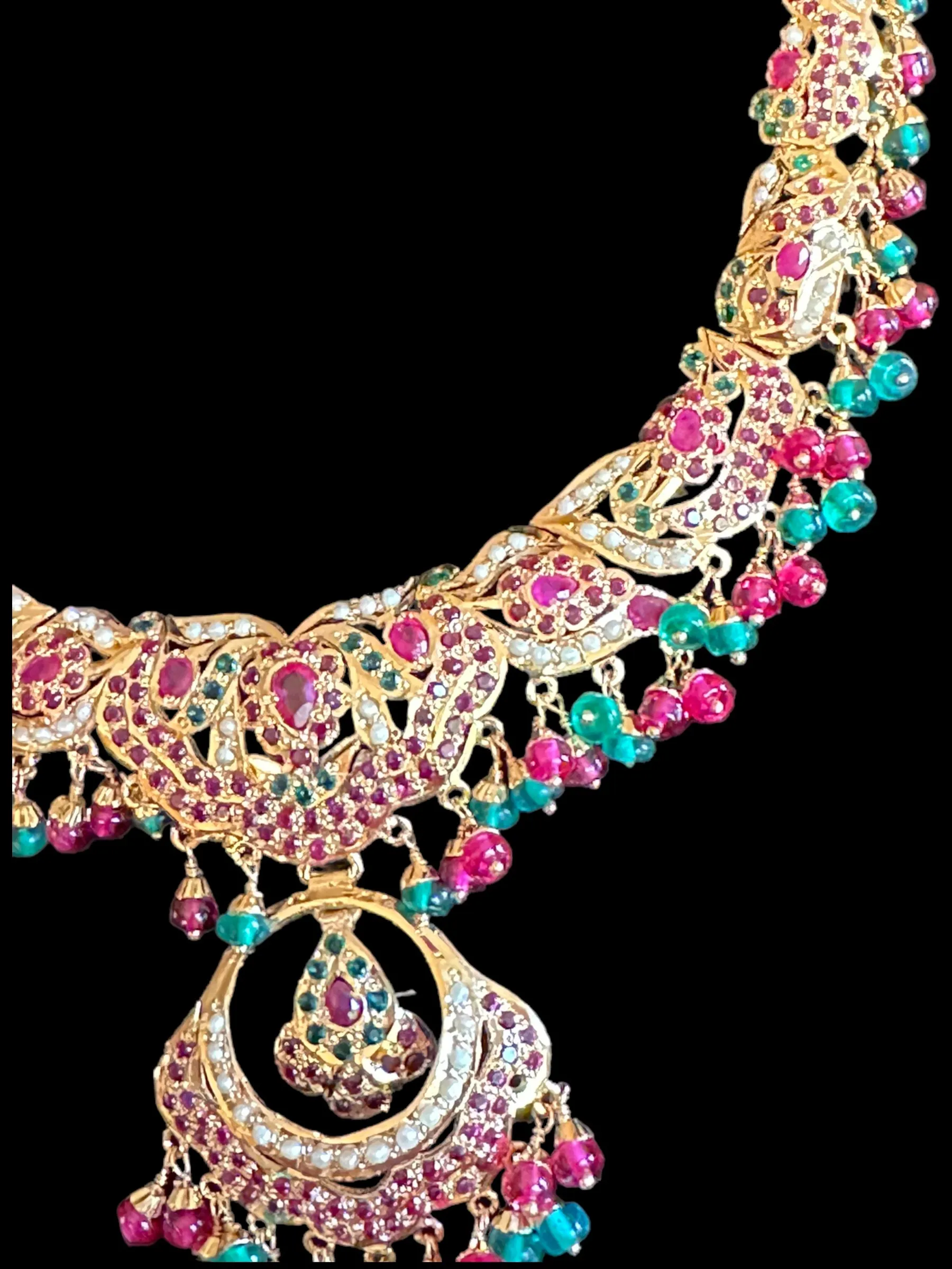 Ruby emerald jadau necklace with earrings in gold plated silver ( READY TO SHIP)