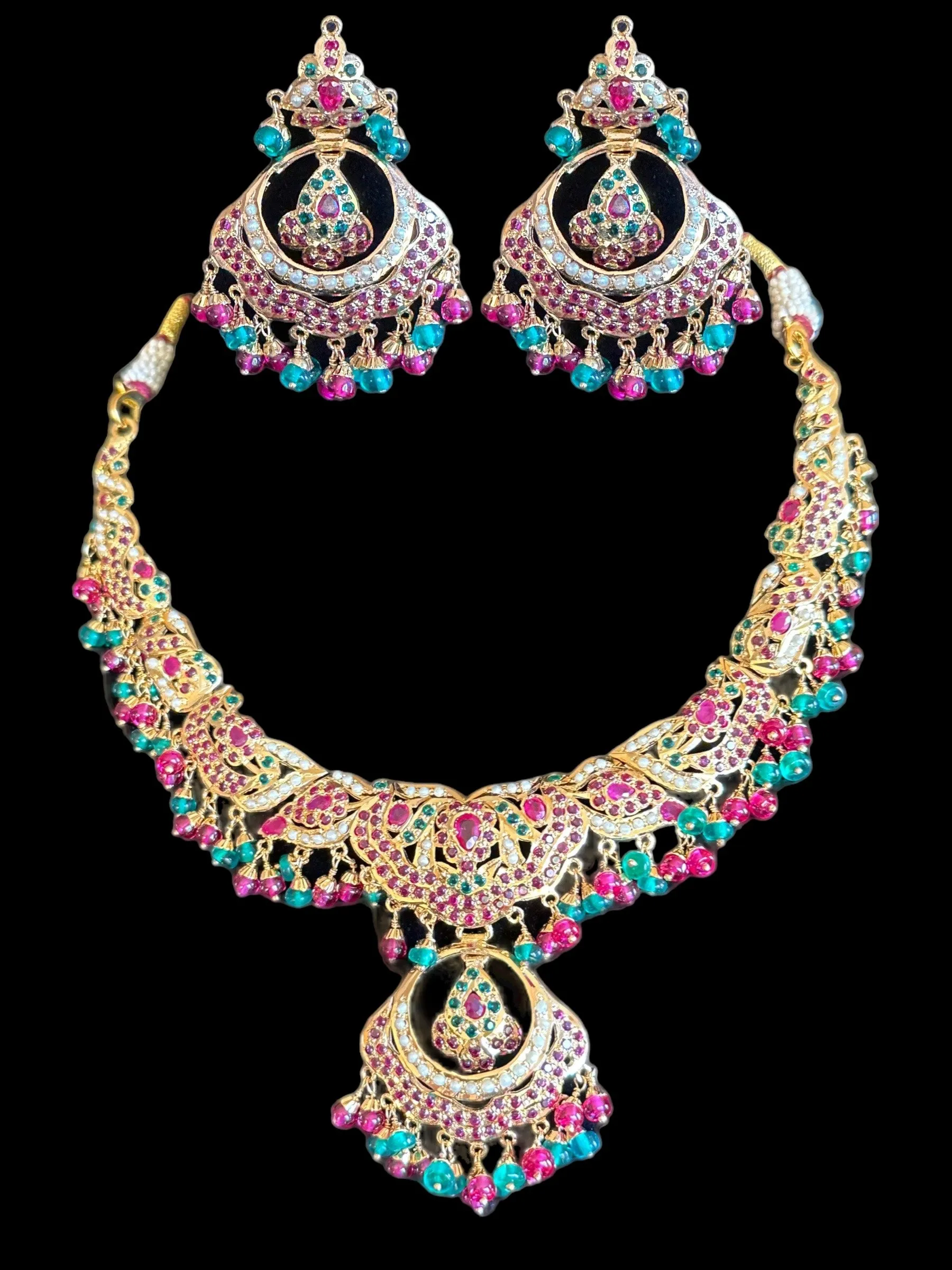 Ruby emerald jadau necklace with earrings in gold plated silver ( READY TO SHIP)