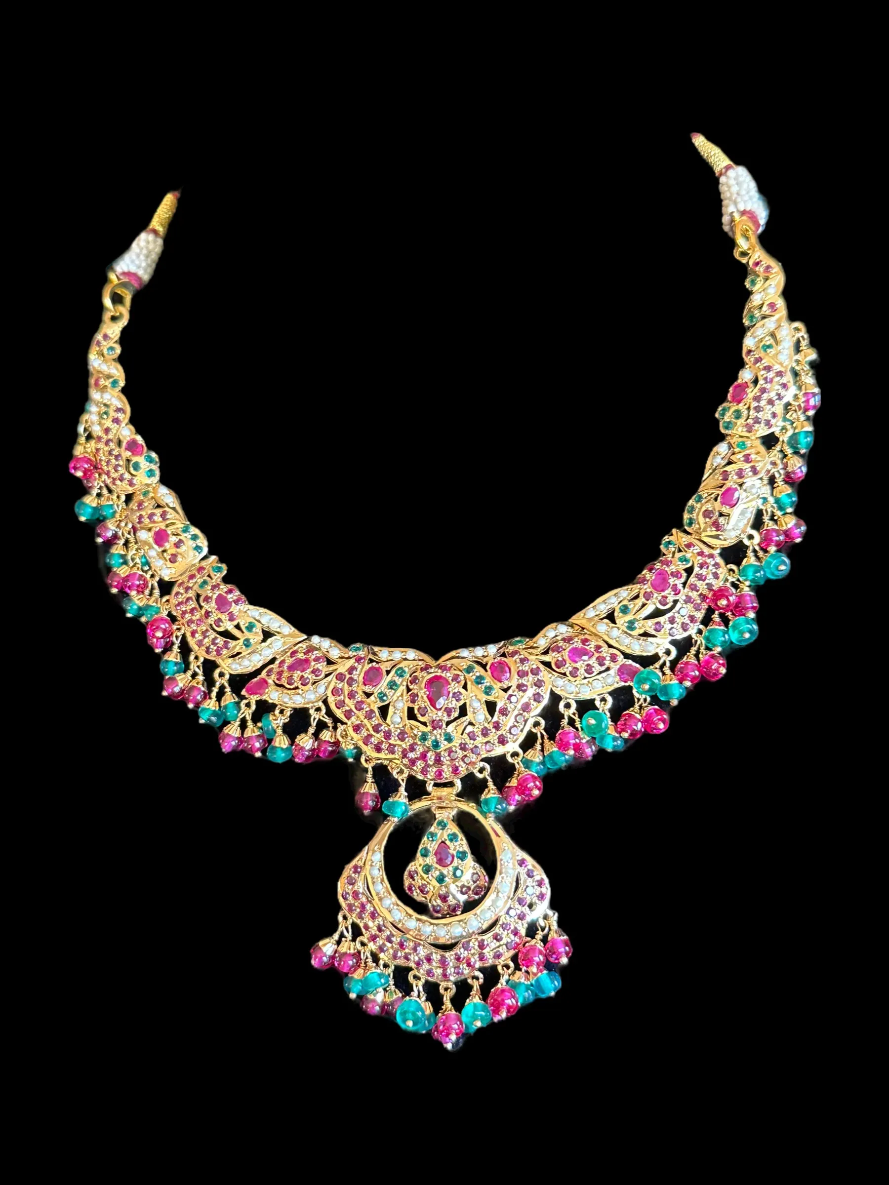 Ruby emerald jadau necklace with earrings in gold plated silver ( READY TO SHIP)