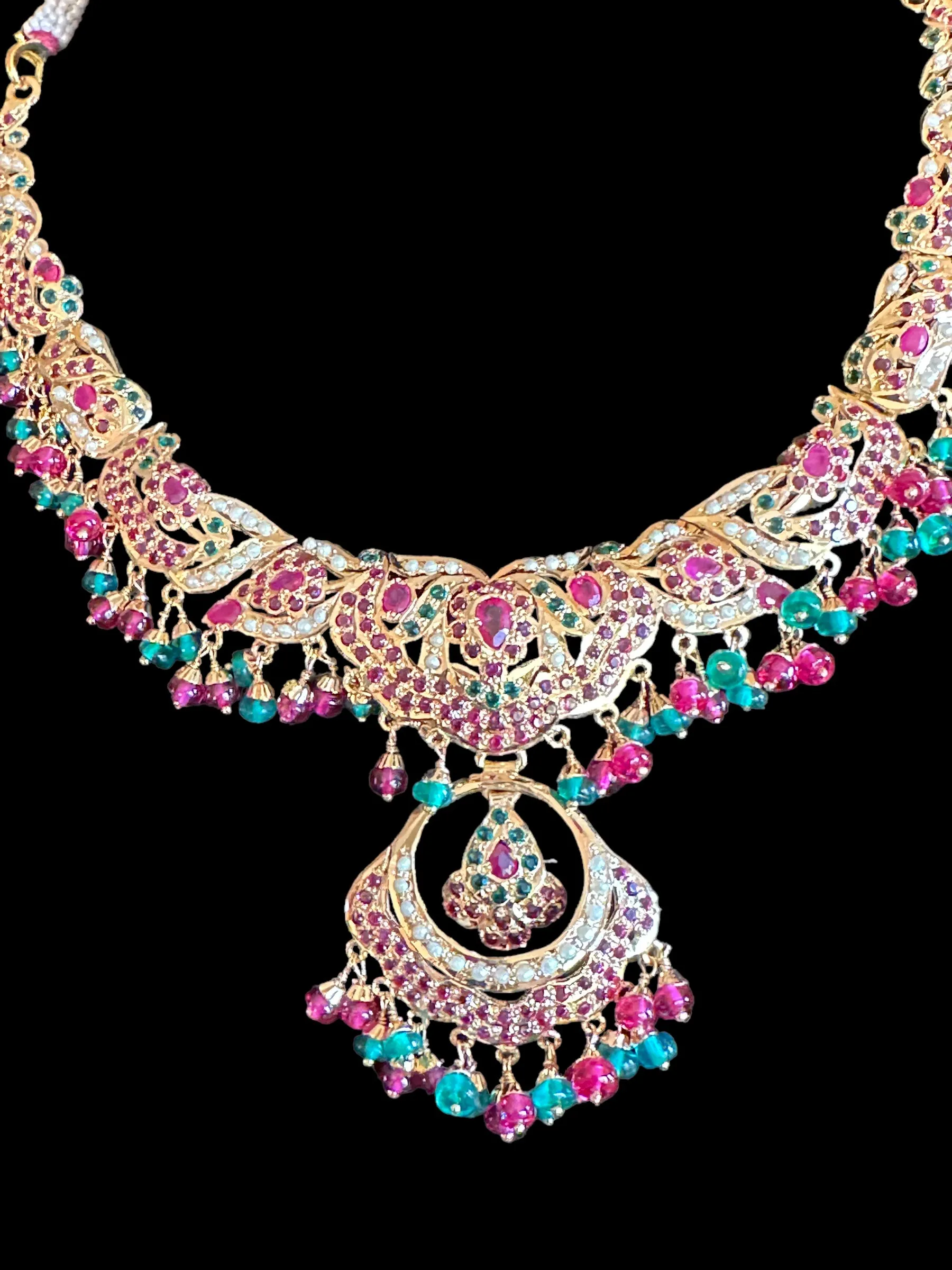 Ruby emerald jadau necklace with earrings in gold plated silver ( READY TO SHIP)