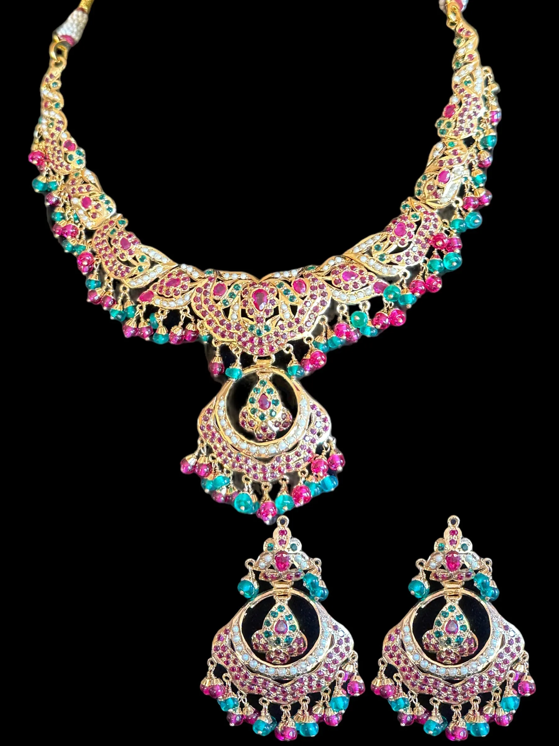 Ruby emerald jadau necklace with earrings in gold plated silver ( READY TO SHIP)