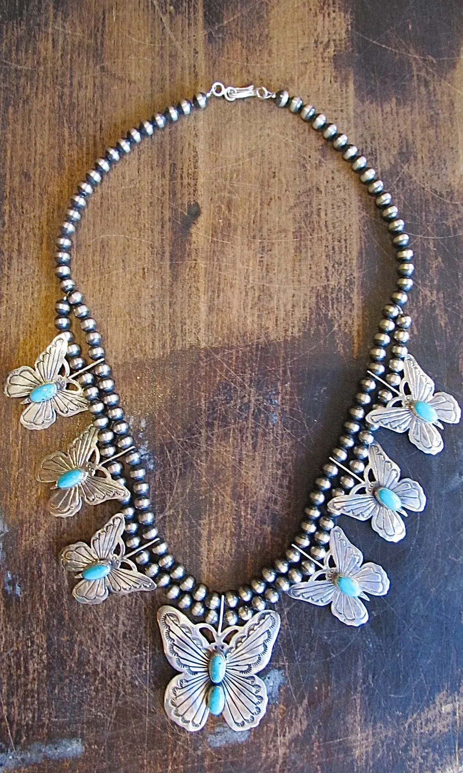 RUSSELL SAM Silver and Turquoise Navajo Butterfly Squash Blossom Necklace