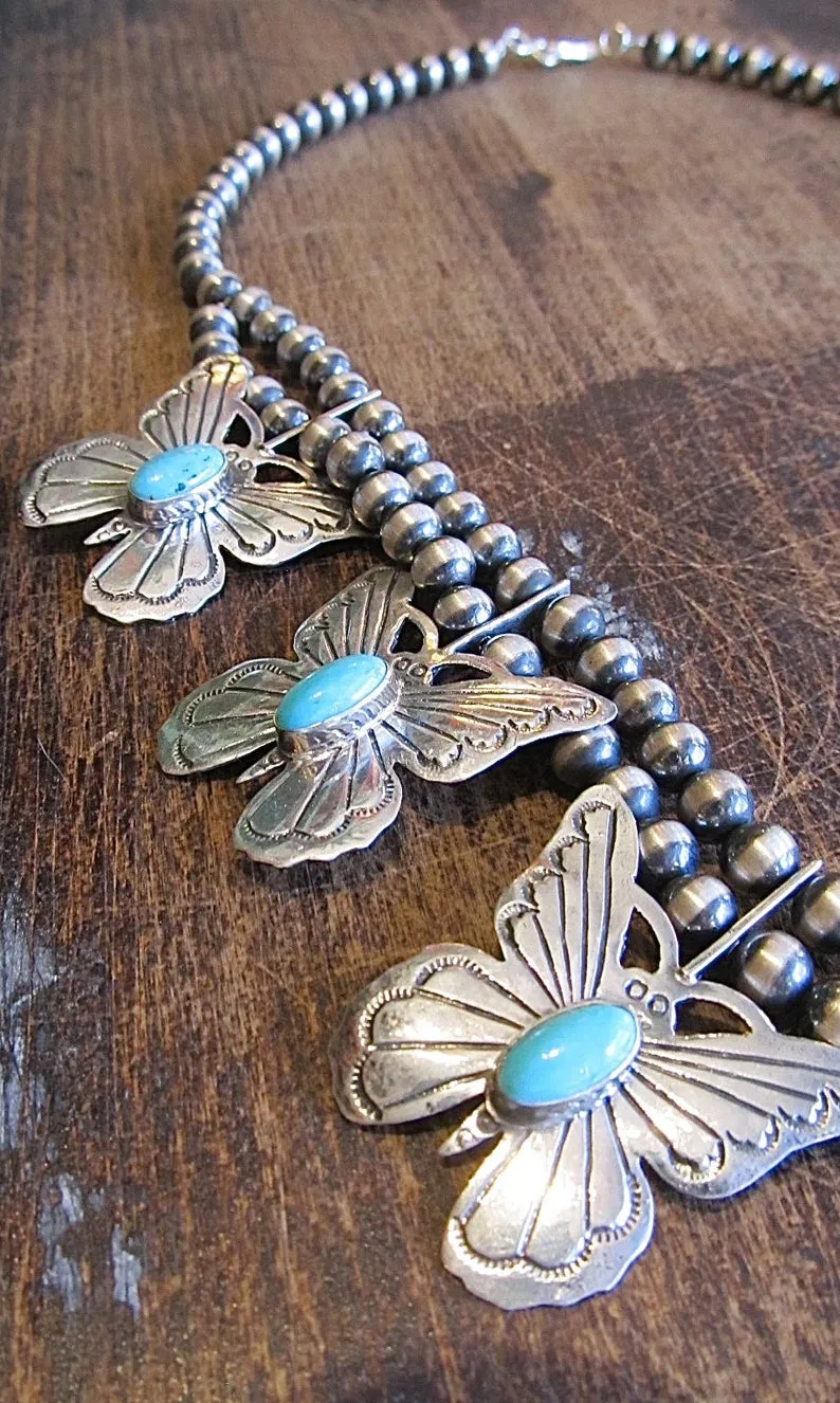 RUSSELL SAM Silver and Turquoise Navajo Butterfly Squash Blossom Necklace