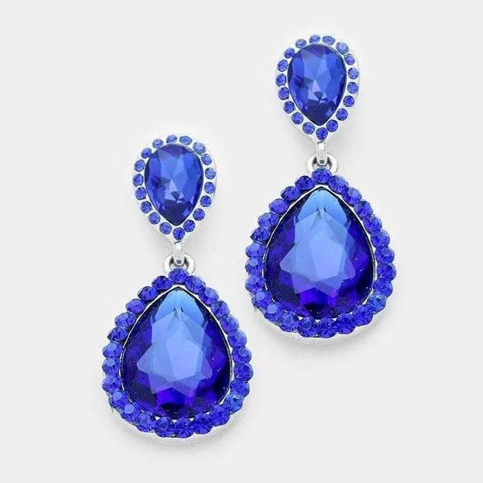 Sapphire Blue Crystal Teardrop Silver Earrings