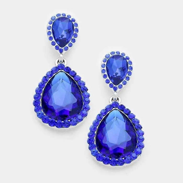 Sapphire Blue Crystal Teardrop Silver Earrings