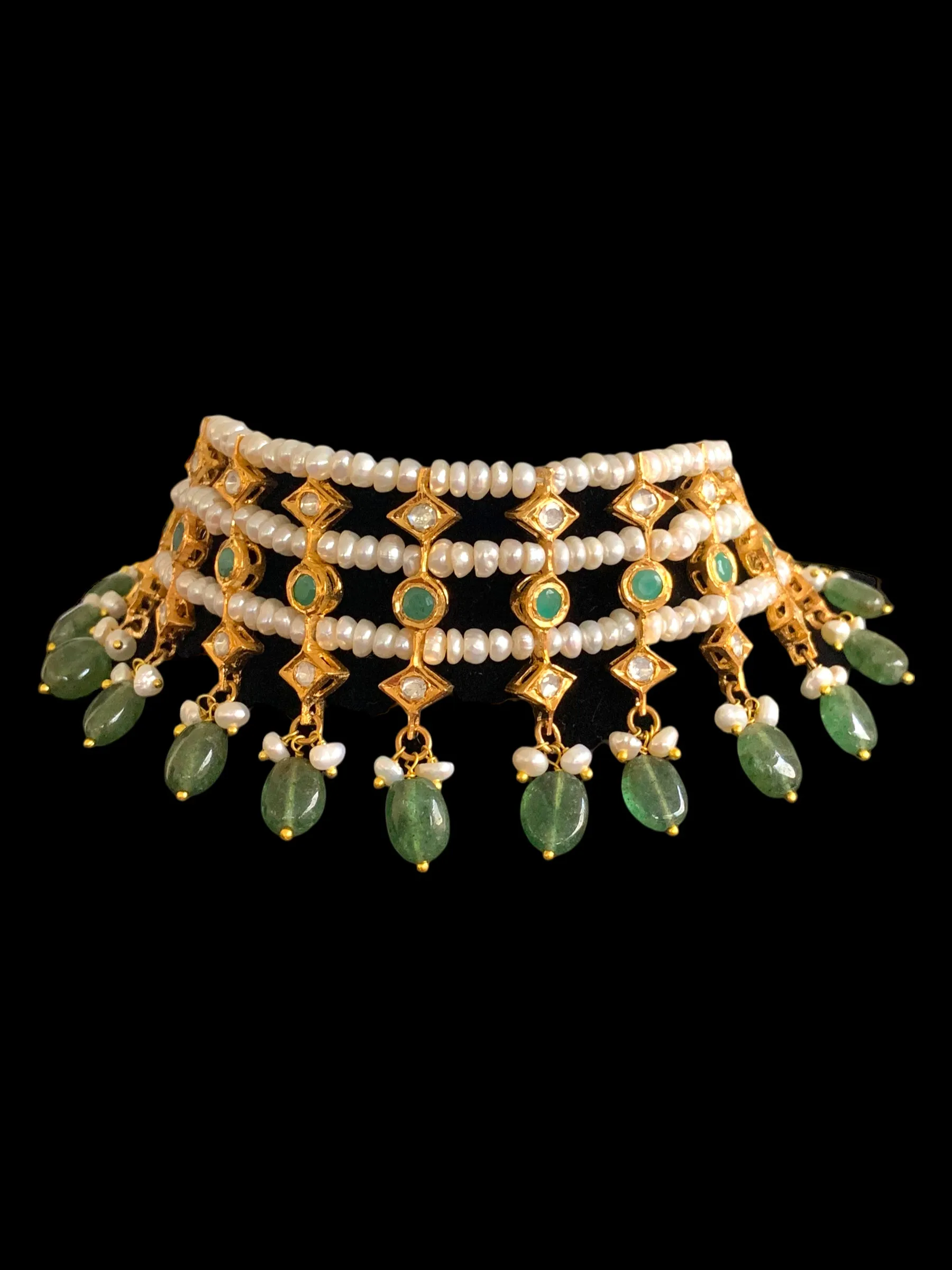 Sidra gold plated choker in emeralds and fresh water pearls ( SHIPS IN 4 WEEKS  )