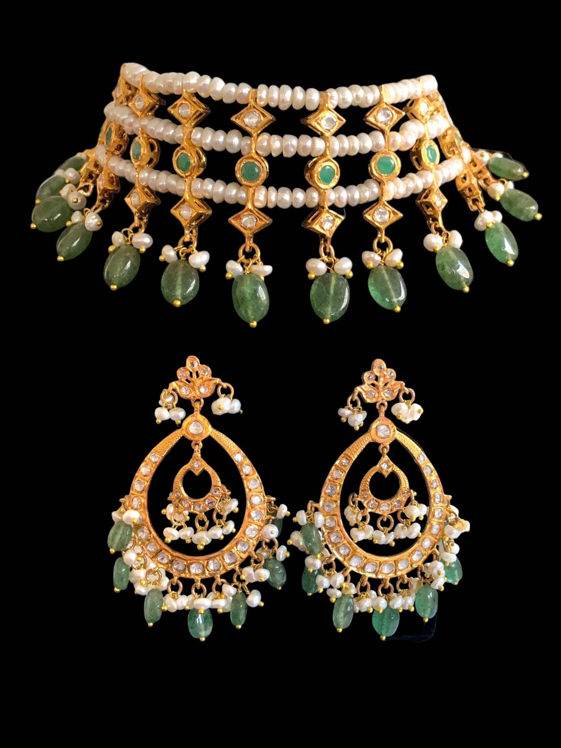 Sidra gold plated choker in emeralds and fresh water pearls ( SHIPS IN 4 WEEKS  )