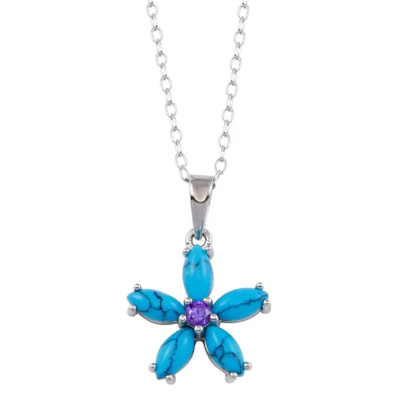 Silver 925 Rhodium Plated Turquoise Flower and Purple CZ Necklace