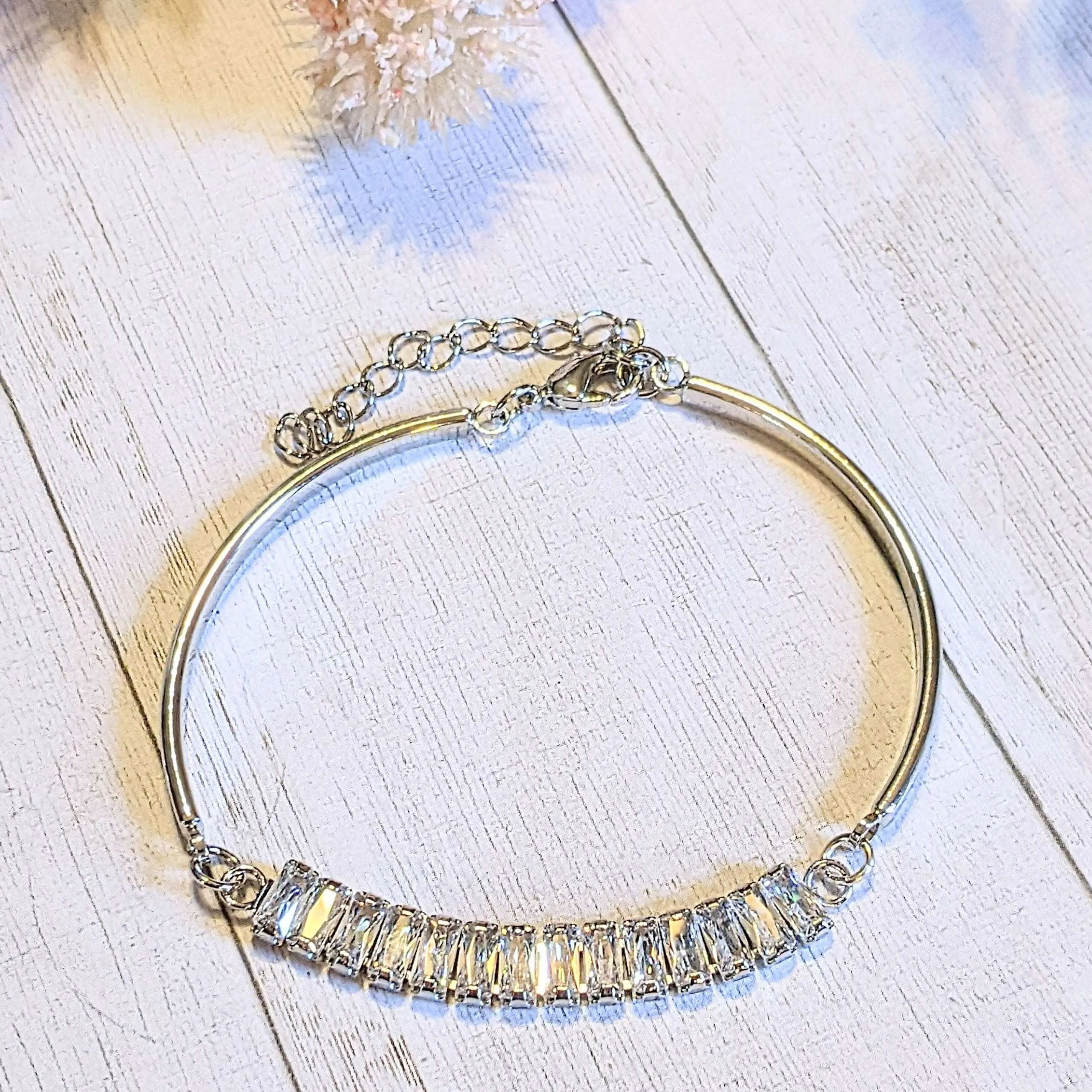 Silver CZ Baguette Bangle Bracelet, Large