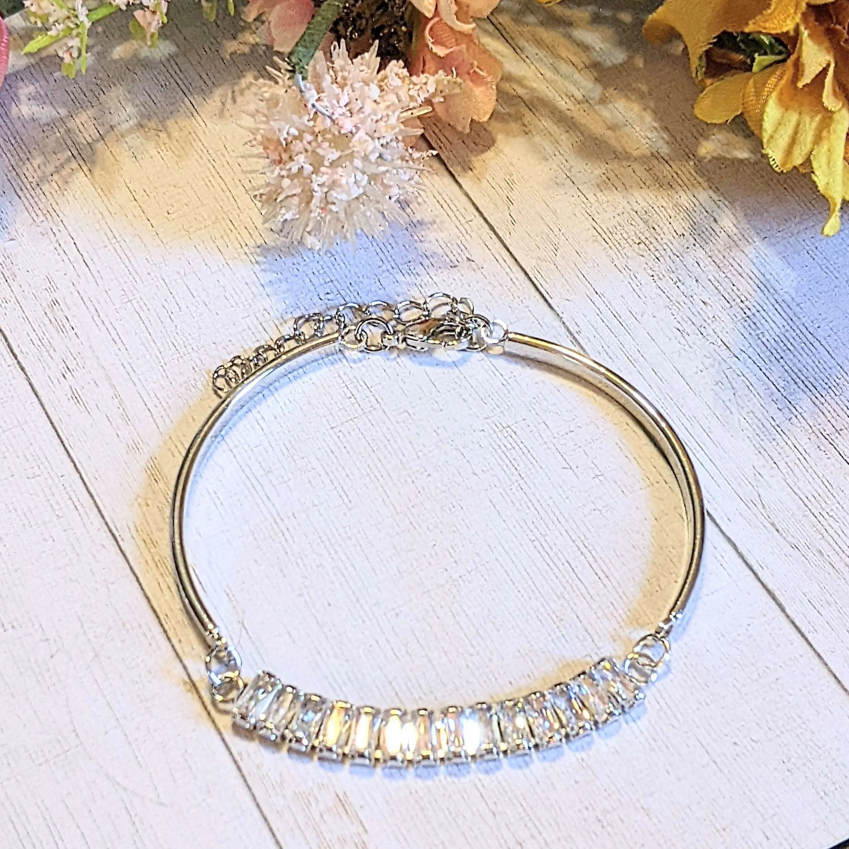 Silver CZ Baguette Bangle Bracelet, Large