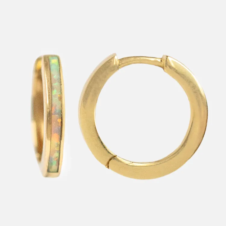 Solid Gold Opal Inlay Huggie Hoops