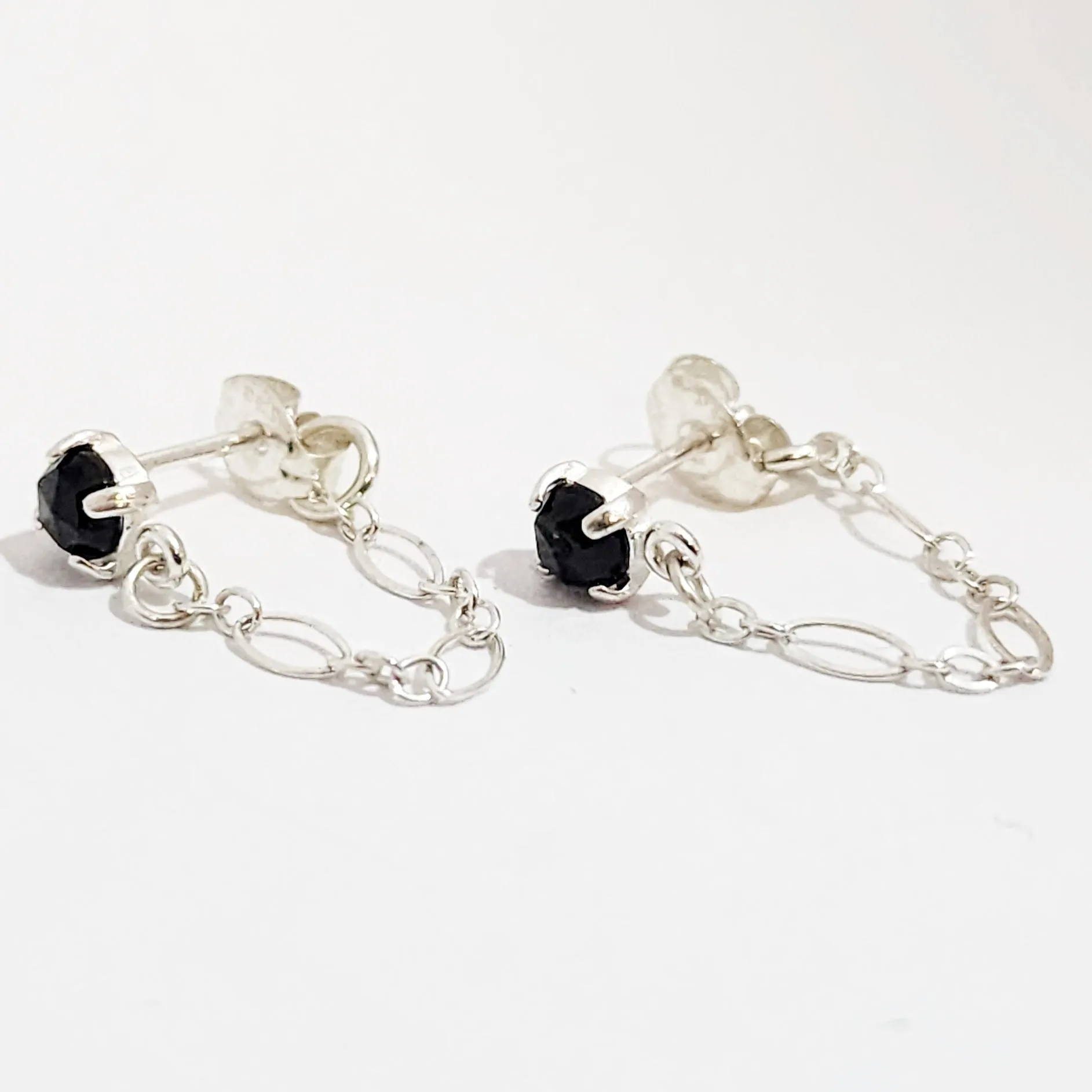 Sterling Silver Gemstone Chain Drop Earrings  - Opal or Black Spinel