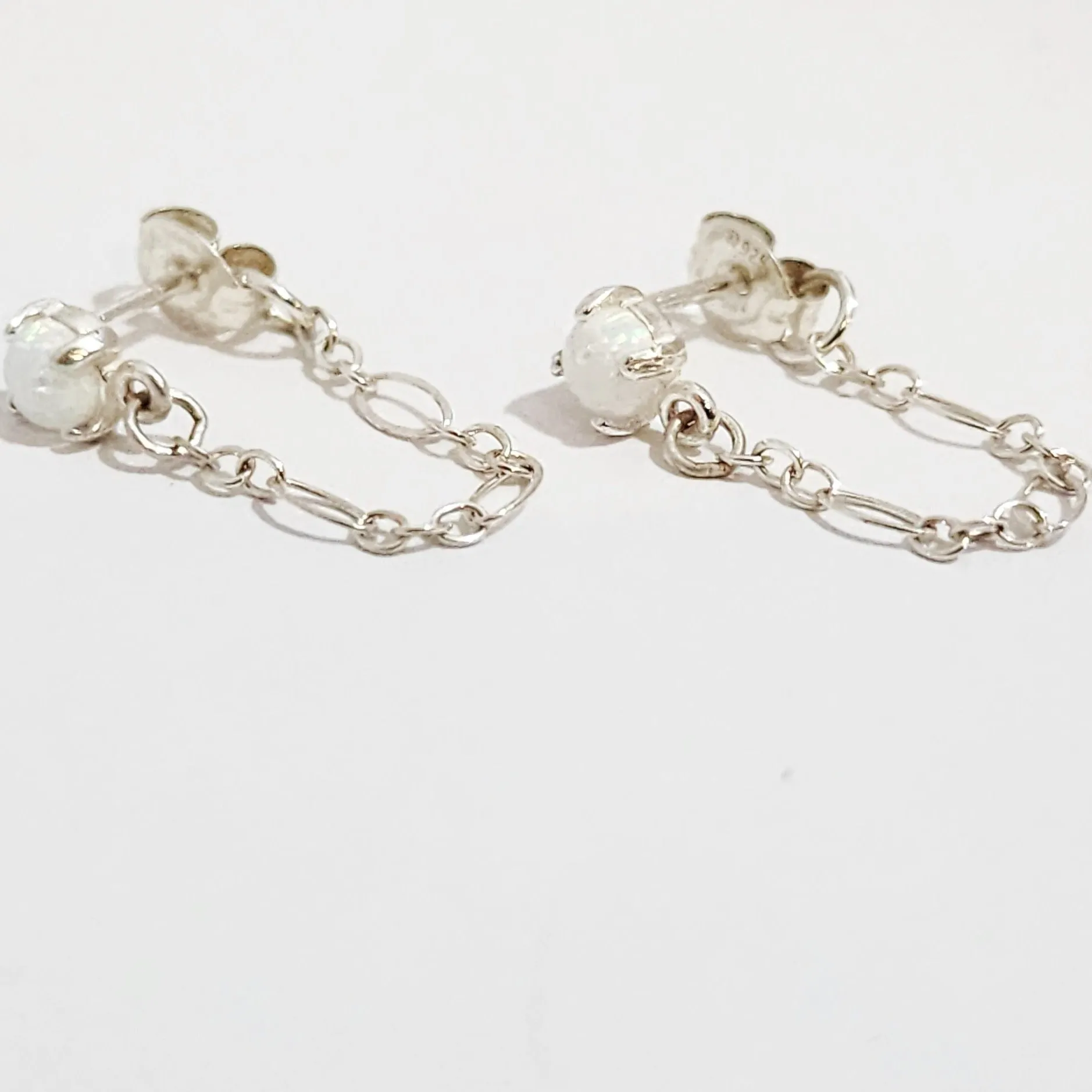 Sterling Silver Gemstone Chain Drop Earrings  - Opal or Black Spinel