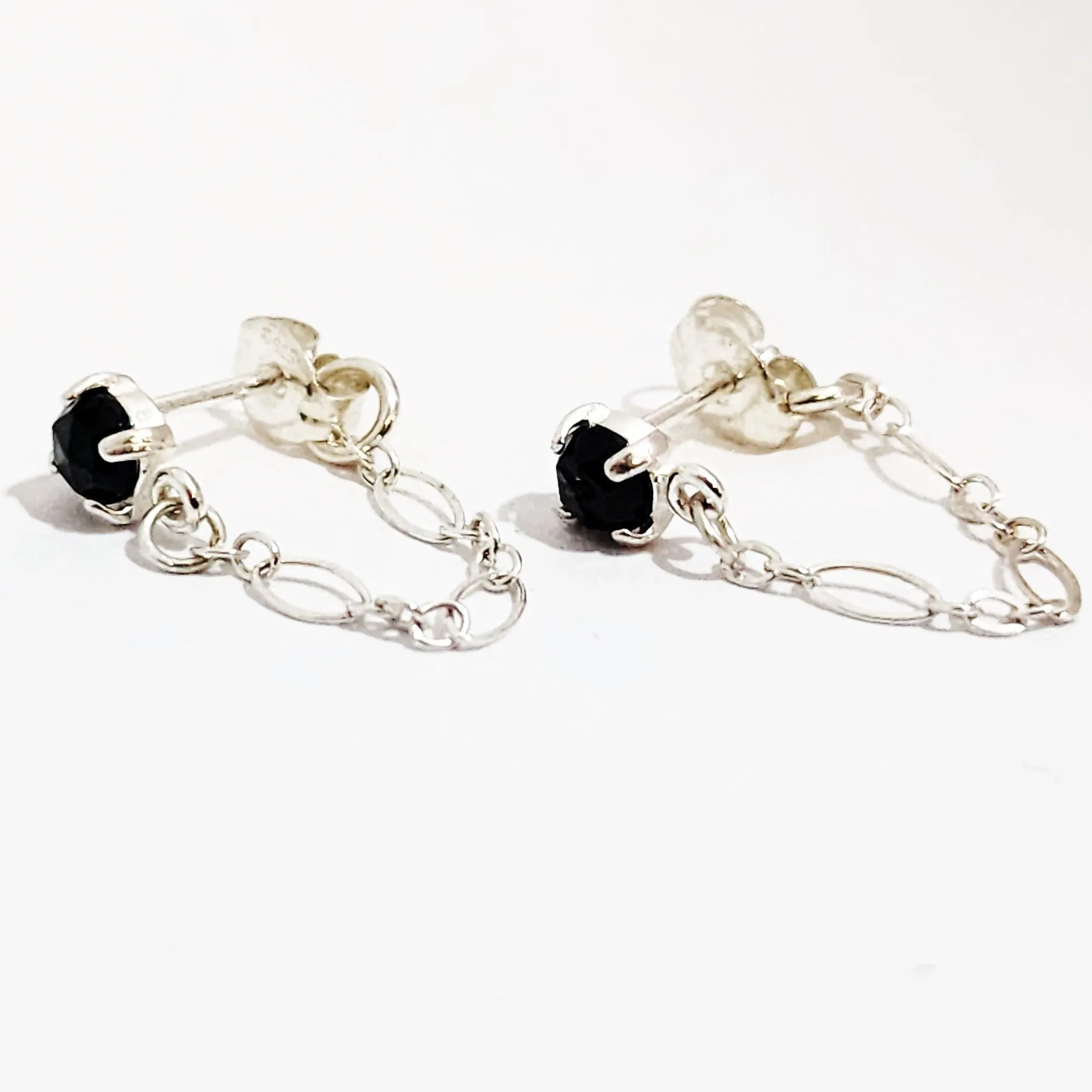 Sterling Silver Gemstone Chain Drop Earrings  - Opal or Black Spinel