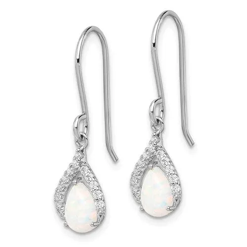 Sterling Silver Pear White Lab Created Opal Dangle Earrings