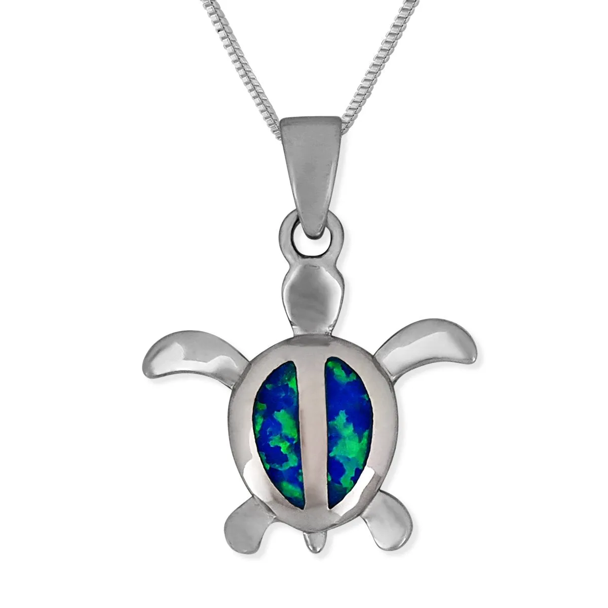 Sterling Silver Synthetic Blue Opal 15mm Turtle Pendant Necklace, 16 2" Extender