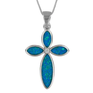 Sterling Silver Synthetic Blue Opal Cross Pendant Necklace, 16 2" Extender