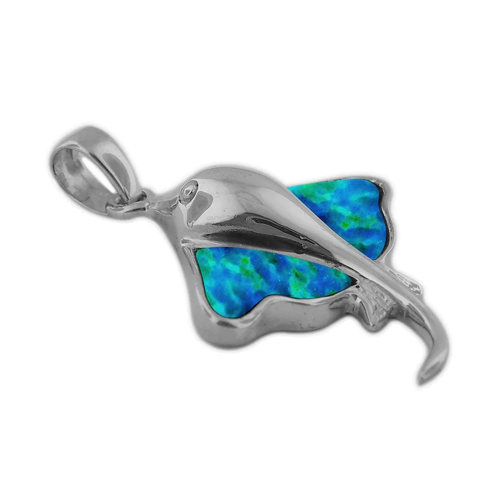 Sterling Silver Synthetic Blue Opal Stingray Pendant Necklace, 16 2" Extender