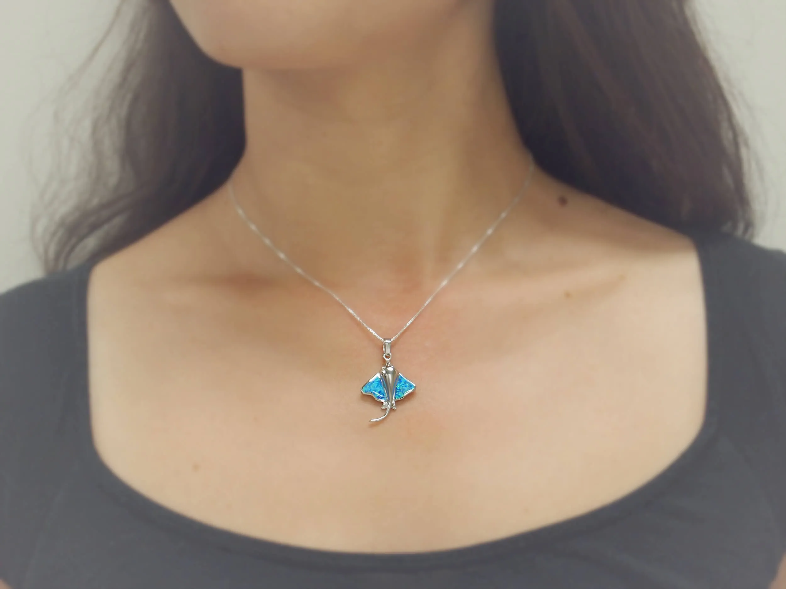 Sterling Silver Synthetic Blue Opal Stingray Pendant Necklace, 16 2" Extender