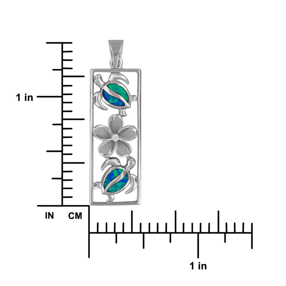 Sterling Silver Synthetic Blue Opal Vertical Turtle and Plumeria Pendant Necklace, 16 2" Extender