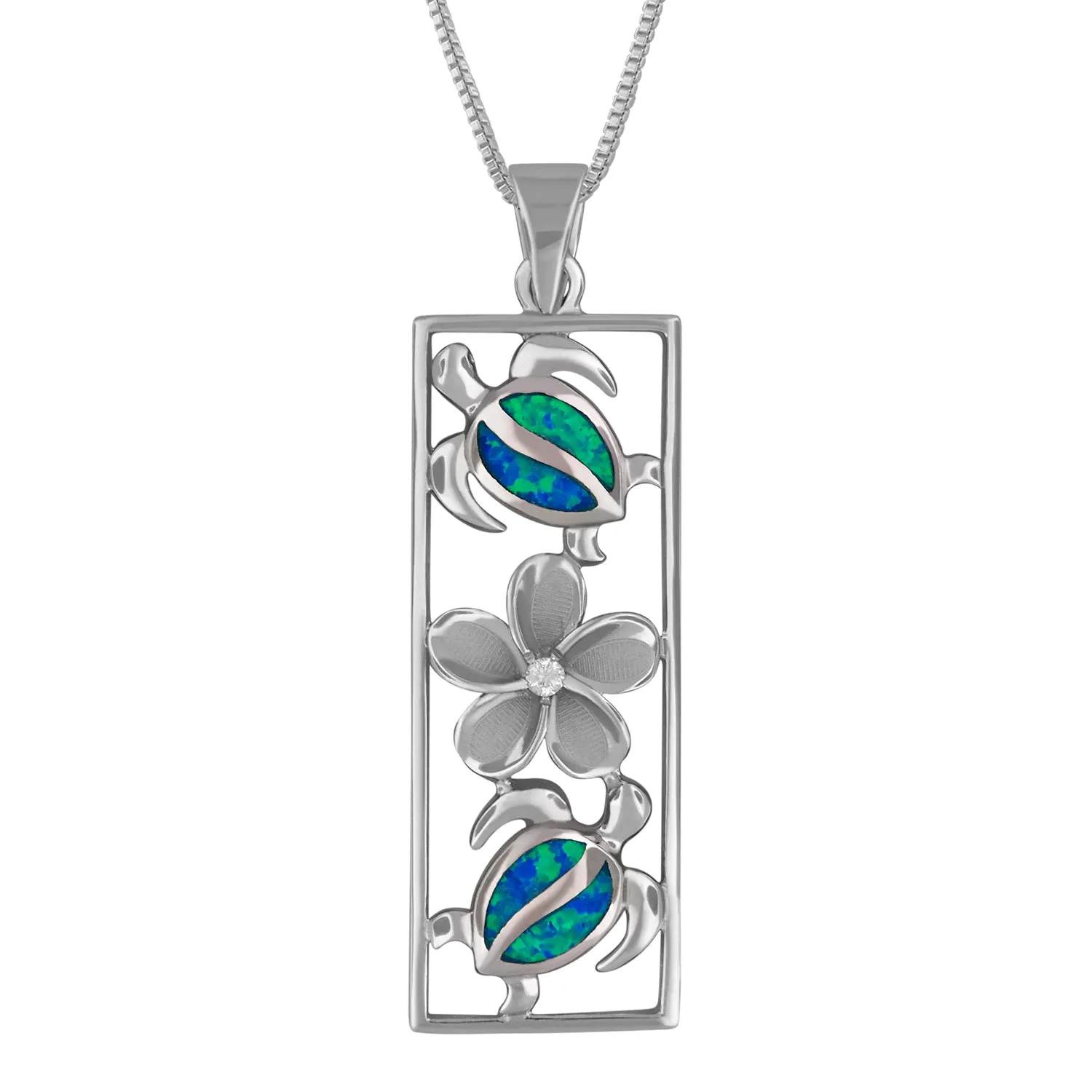 Sterling Silver Synthetic Blue Opal Vertical Turtle and Plumeria Pendant Necklace, 16 2" Extender