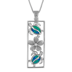 Sterling Silver Synthetic Blue Opal Vertical Turtle and Plumeria Pendant Necklace, 16 2" Extender