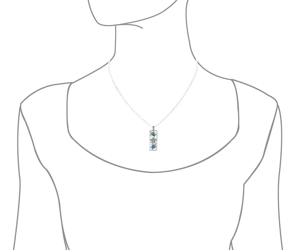 Sterling Silver Synthetic Blue Opal Vertical Turtle and Plumeria Pendant Necklace, 16 2" Extender