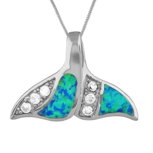 Sterling Silver Synthetic Blue Opal Whale Tail Pendant Necklace, 16 2" Extender