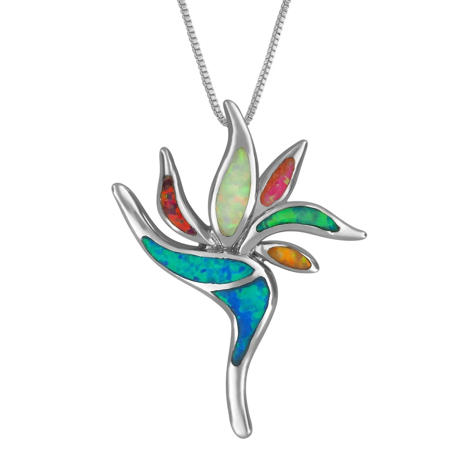 Sterling Silver Synthetic Opal Bird of Paradise Pendant Necklace