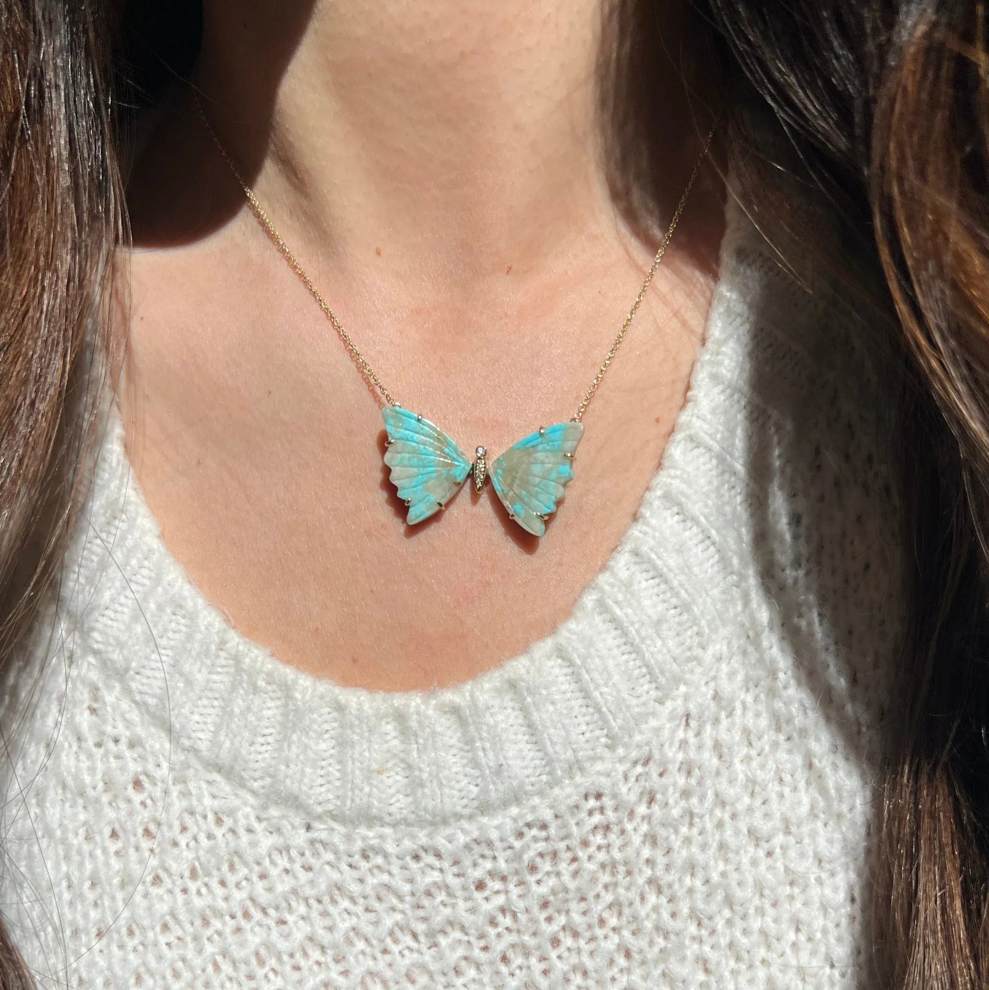 Turquoise and Tan Butterfly Necklace with Diamonds and Prongs