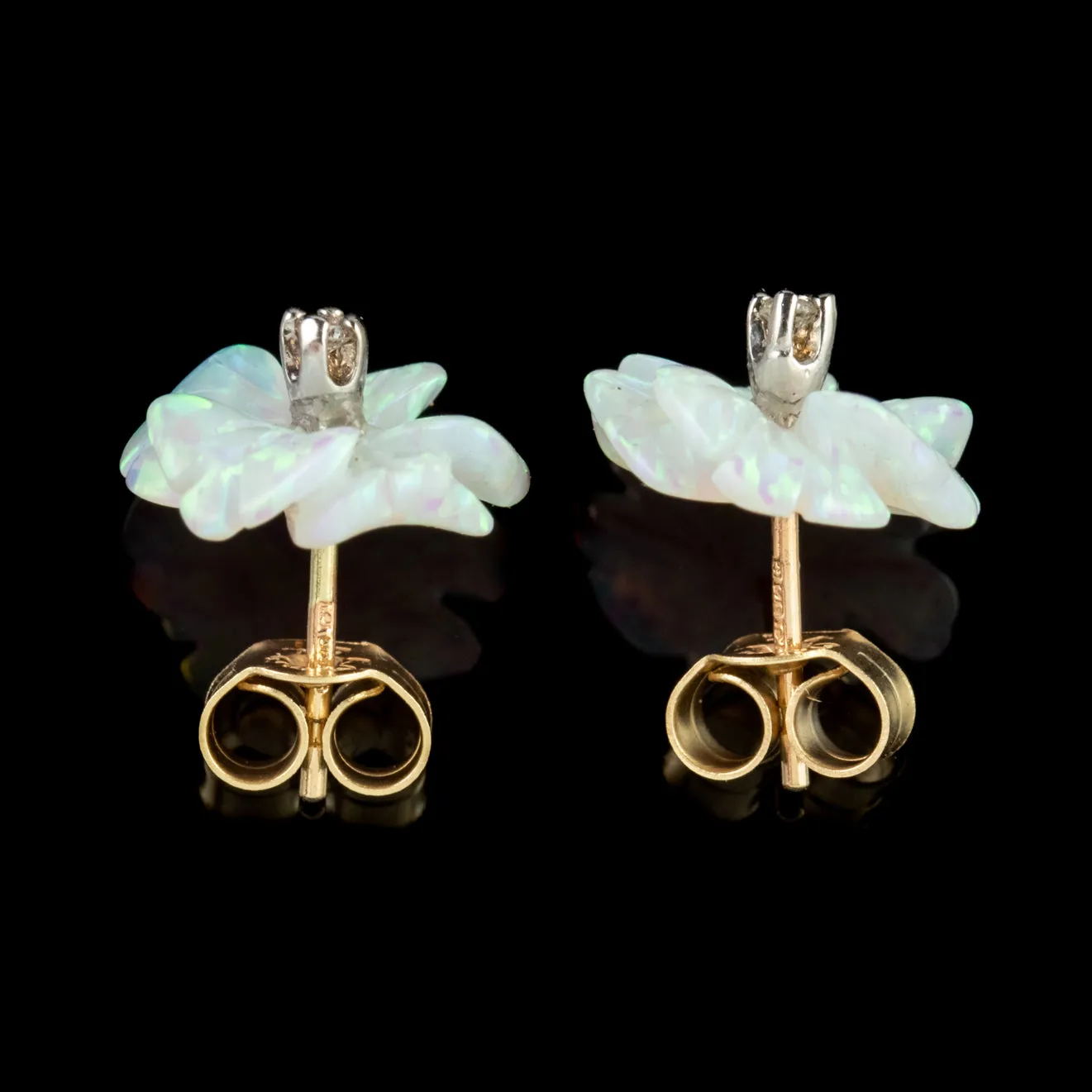 Victorian Style Opal Diamond Flower Stud Earrings 9Ct Gold