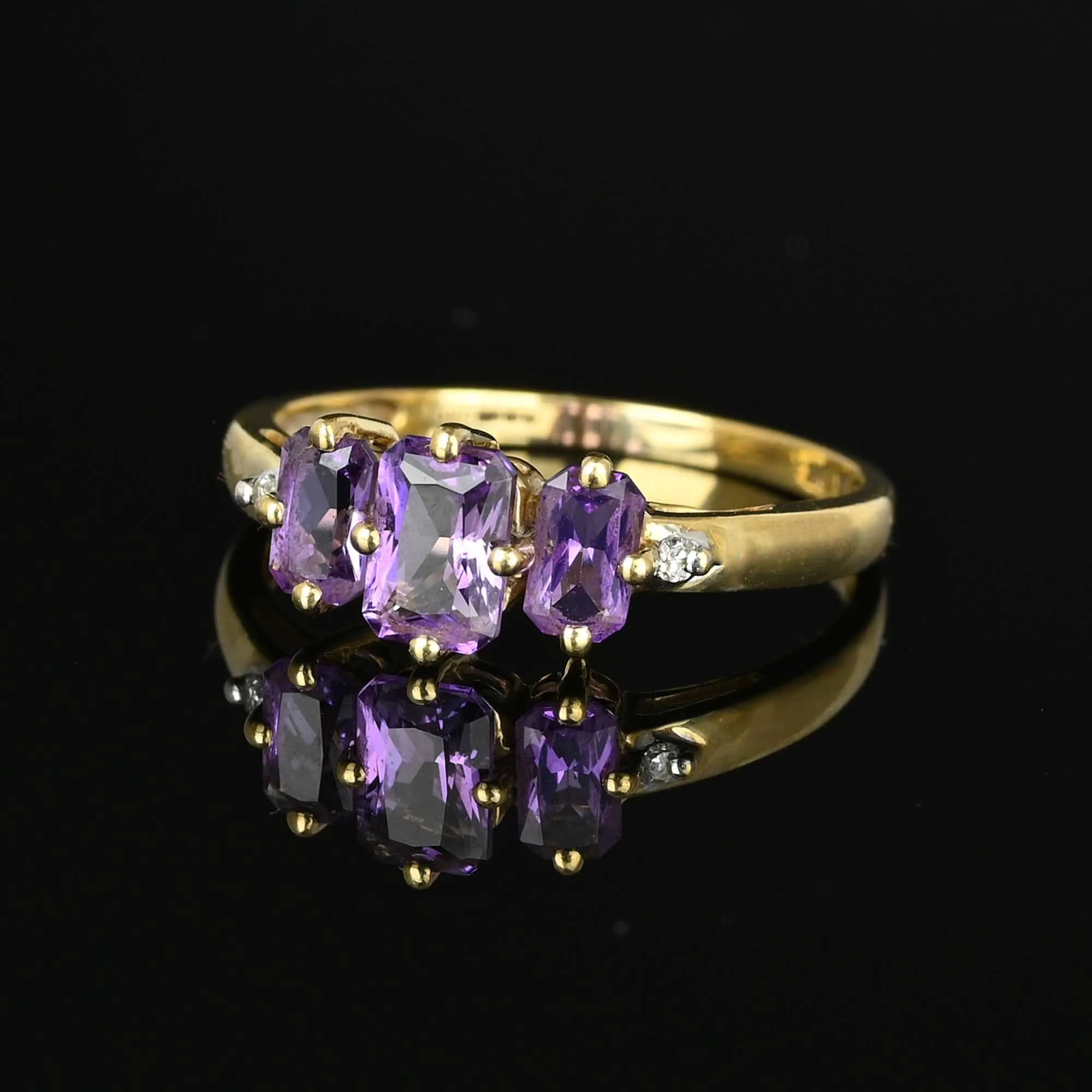 Vintage Gold Diamond Three Stone Amethyst Ring