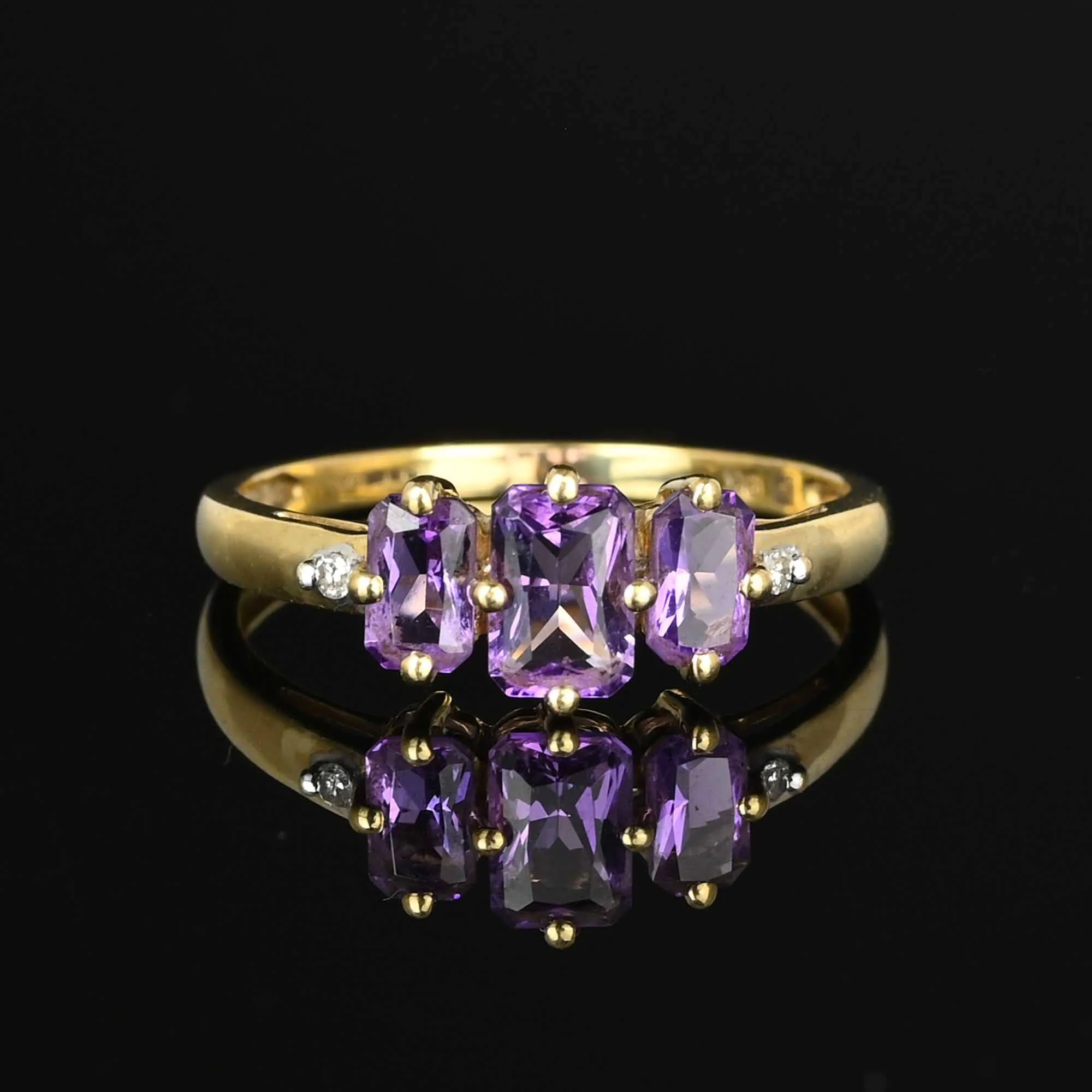 Vintage Gold Diamond Three Stone Amethyst Ring