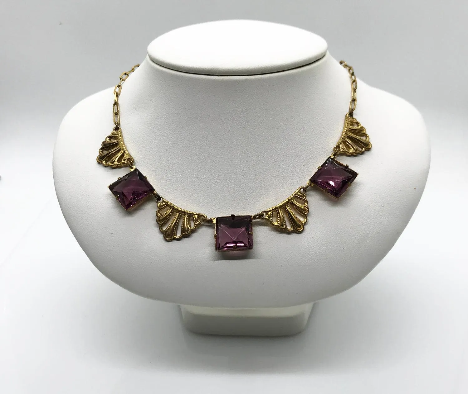 Vintage Purple Clear Stones and Filigree Choker Necklace