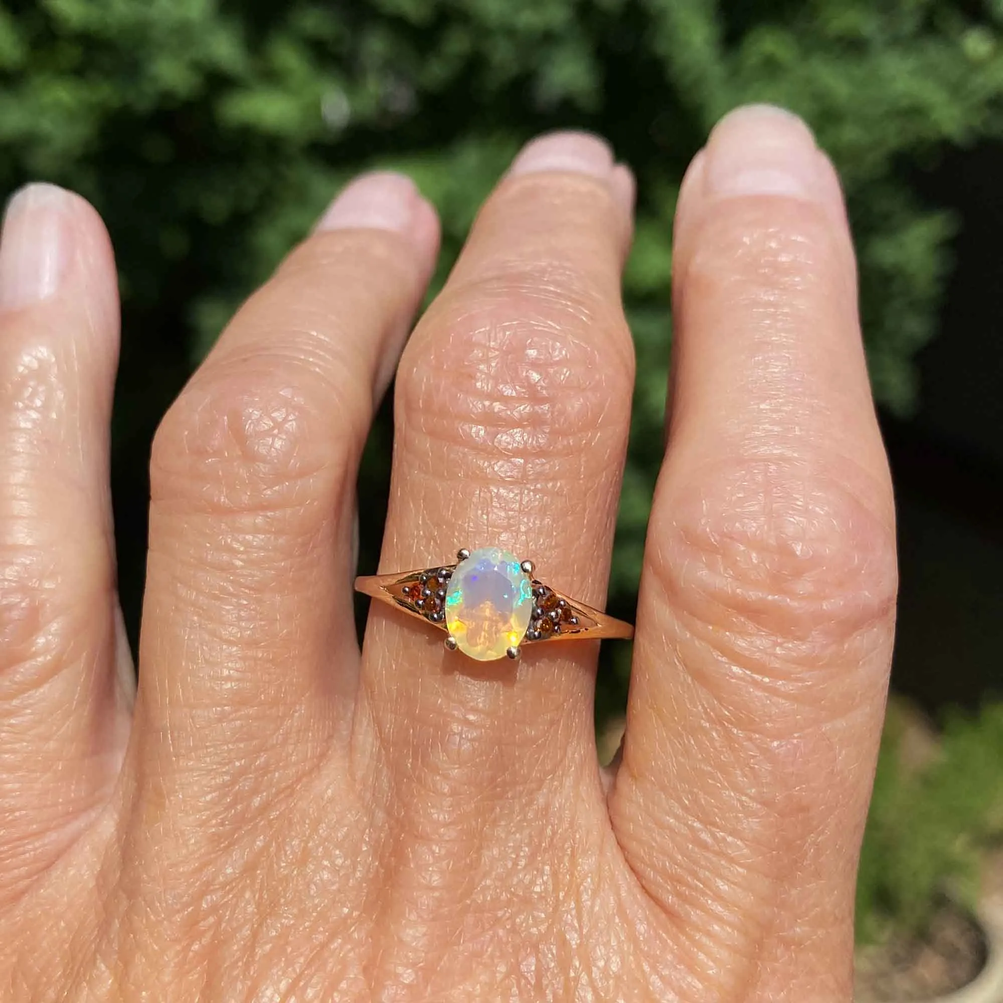 Vintage Red Diamond Jelly Opal Ring in Gold