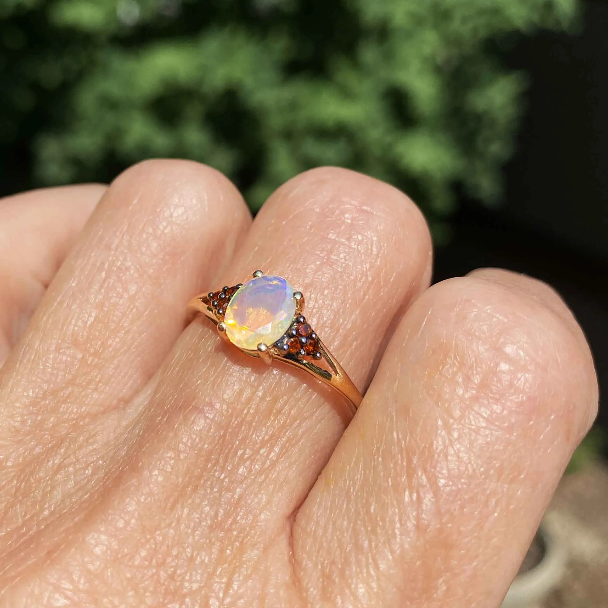 Vintage Red Diamond Jelly Opal Ring in Gold