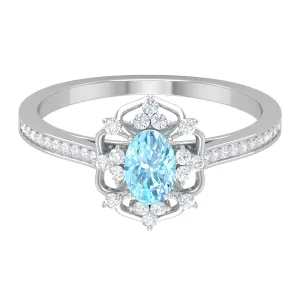 Vintage Style Aquamarine Flower Engagement Ring with Diamond